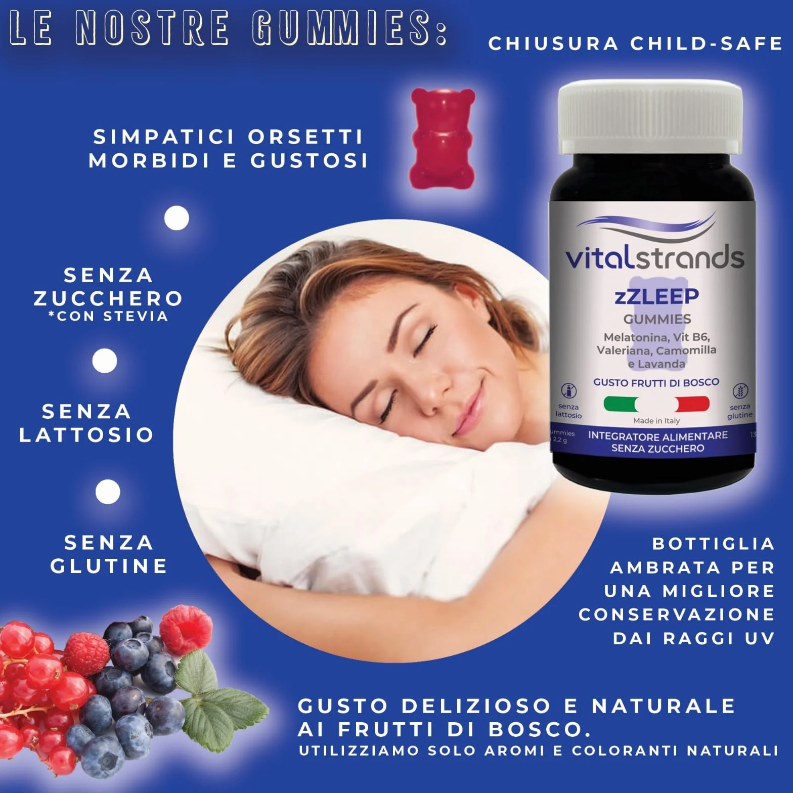 VITALSTRANDS zZLEEP | Melatonina per Dormire forte con l'aggiunta di erbe | Pastiglie per Dormire Meglio con Melatonina e Valeriana, Vitamina B6, Camomilla e Lavanda | 60 Caramelle per Dormire