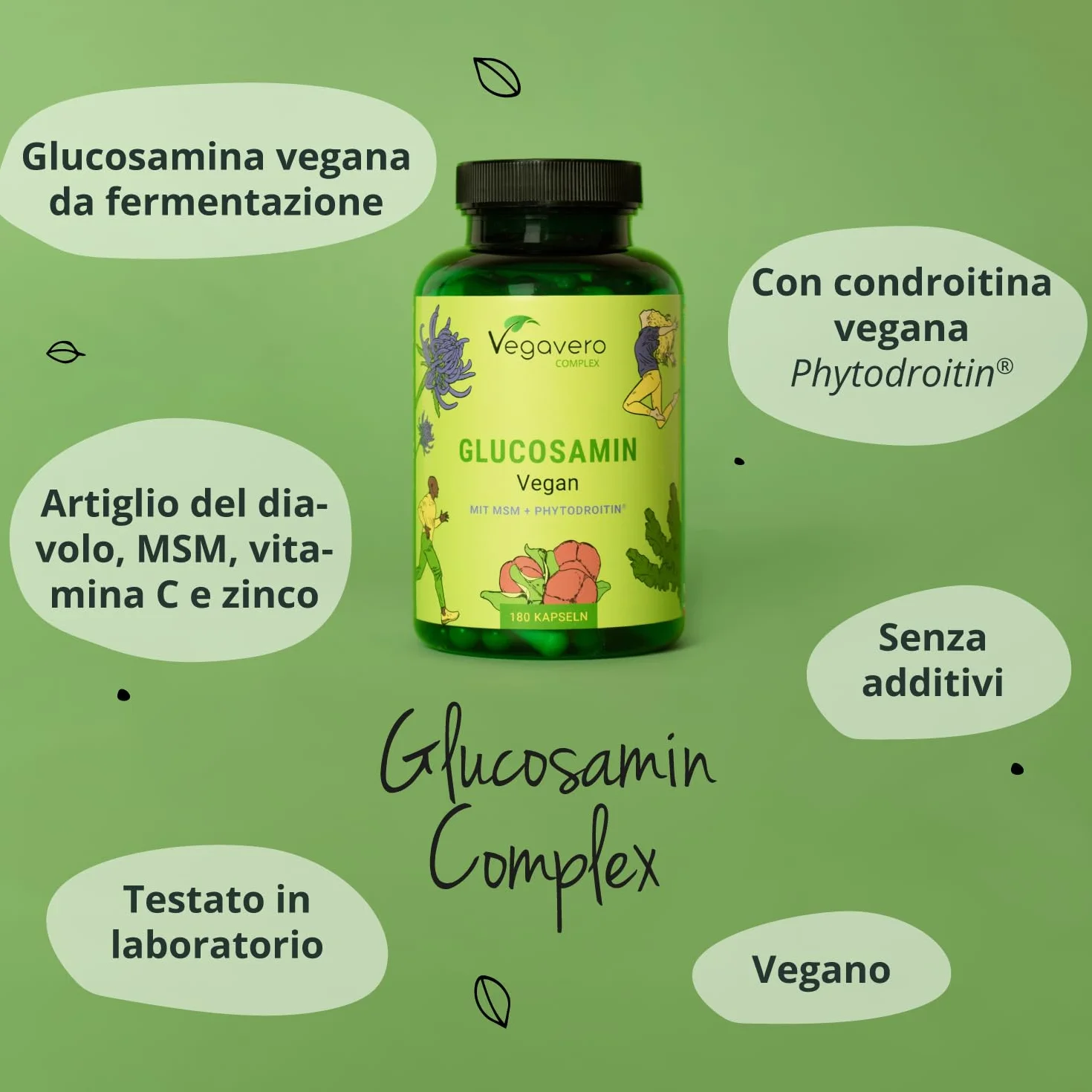 Glucosamina Condroitina Complex VEGAN | con MSM, Artiglio del diavolo, Zinco e Vit C | Integratore Articolazioni | Alto dosaggio di Glucosamin Solfato | Cruelty Free e Senza Additivi | Vegavero