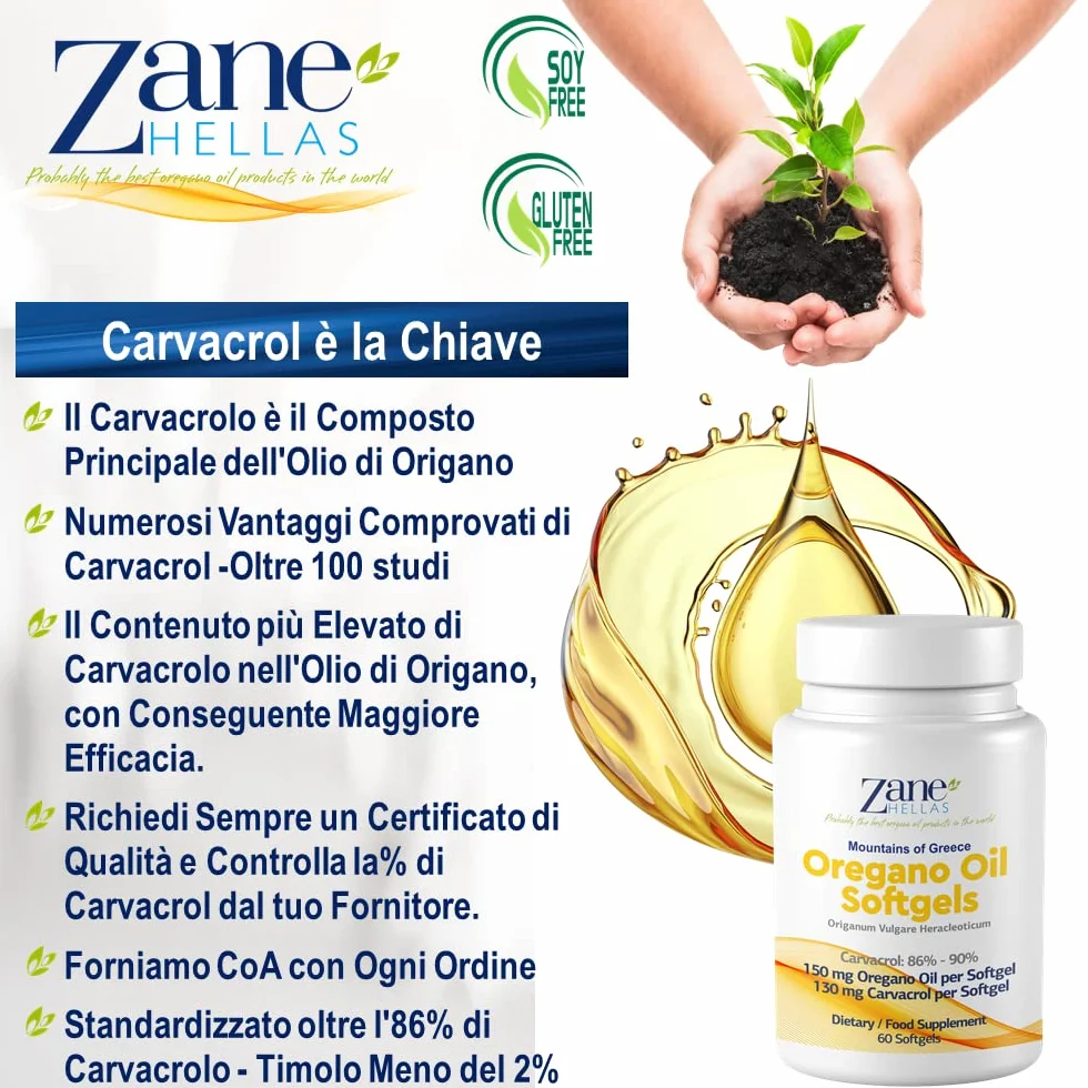 Zane Hellas Oregano Oil Softgels 30% Greek Essential Oil 130 mg Carvacrol 2-Pack