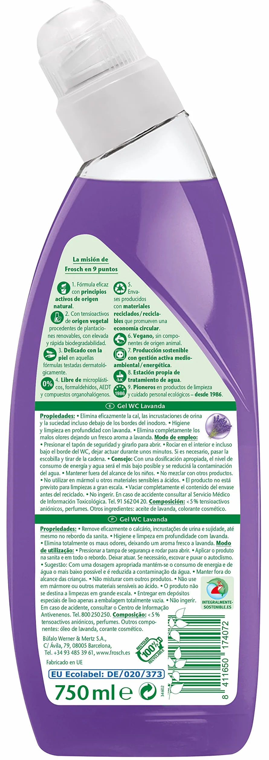 Frosch Gel WC Ecológico Limpiador de Cal y Residuos 750 ml