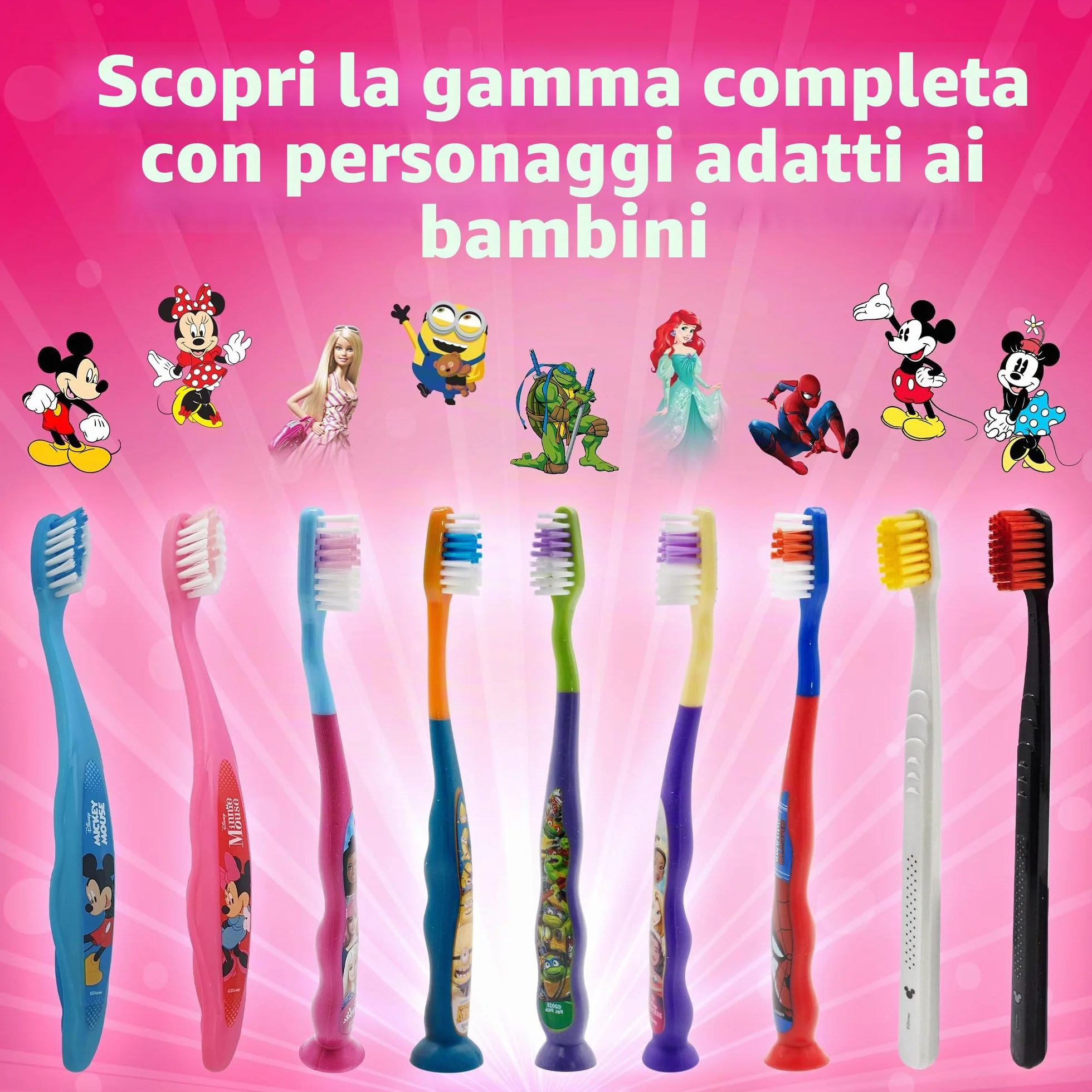 Spazzolino da denti Princess con tappo di protezione, ventosa, manico comodo e setole morbide per bambini