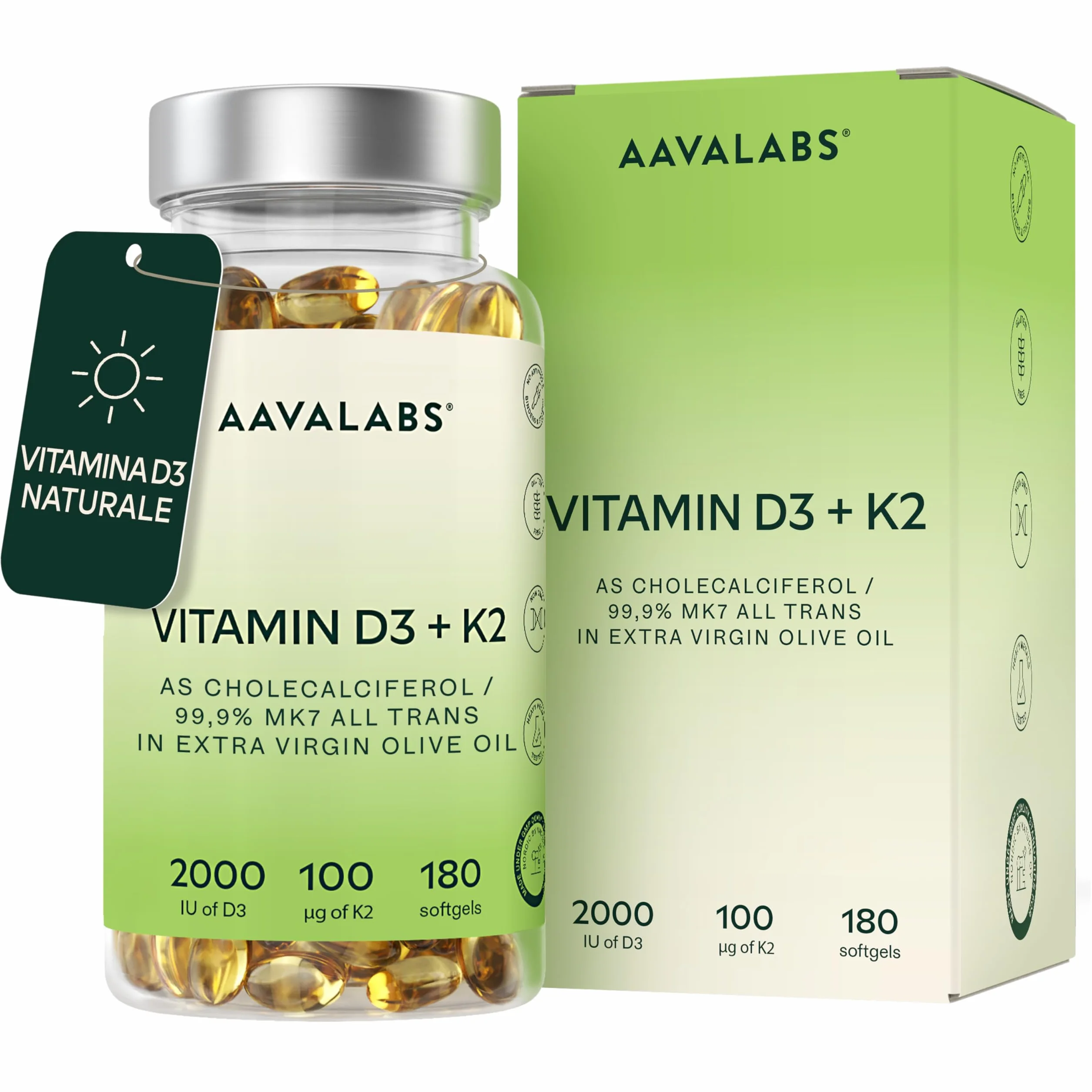 Vitamina D3 K2 2000 UI + MK7 100 μg Olio Extravergine d'Oliva 180 Capsule