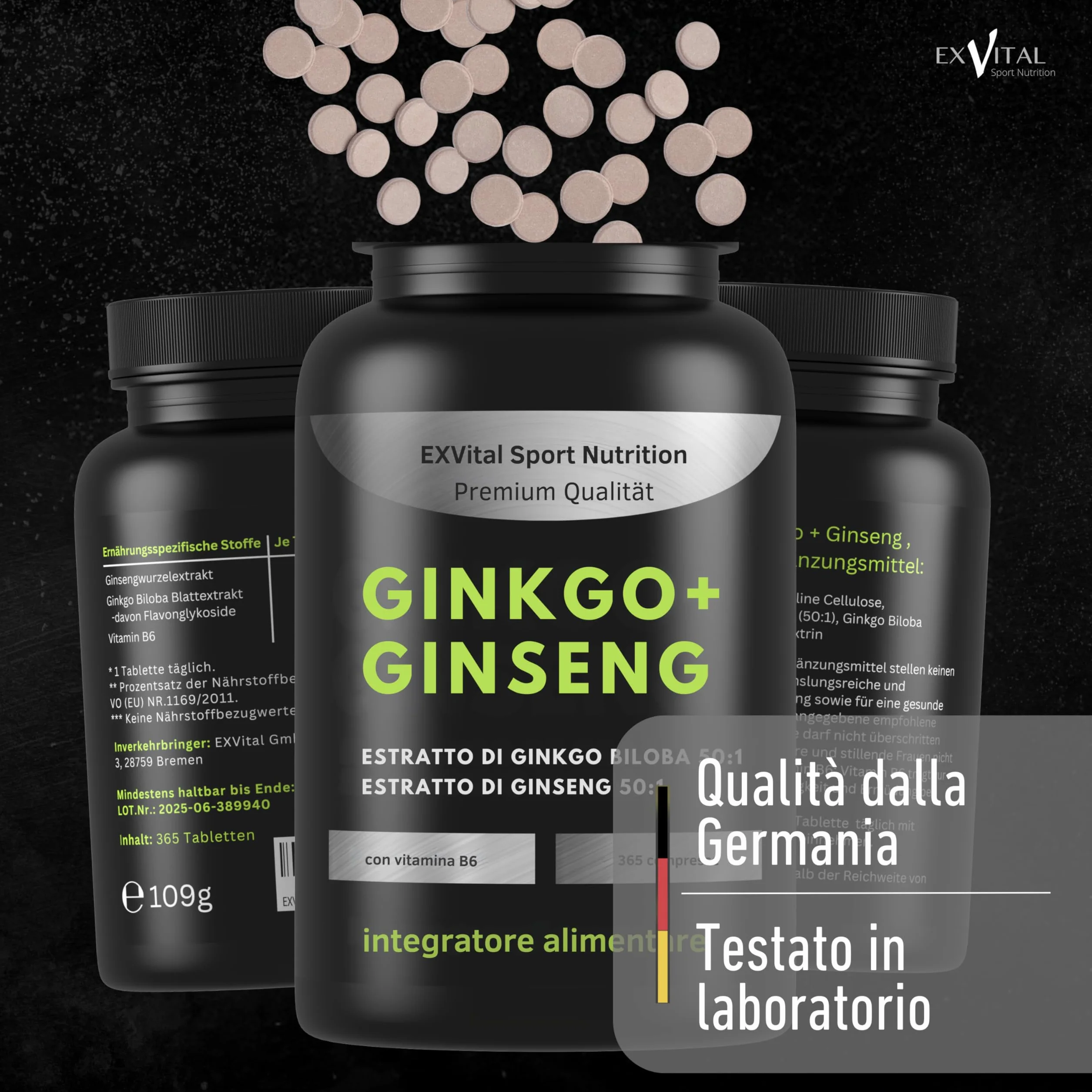 EXVital® Ginkgo + Ginseng, 365 compresse, estratti vegetali 50:1, altamente dosati, Ginkgo Biloba e Ginseng coreano, Testato in laboratorio, Vegano