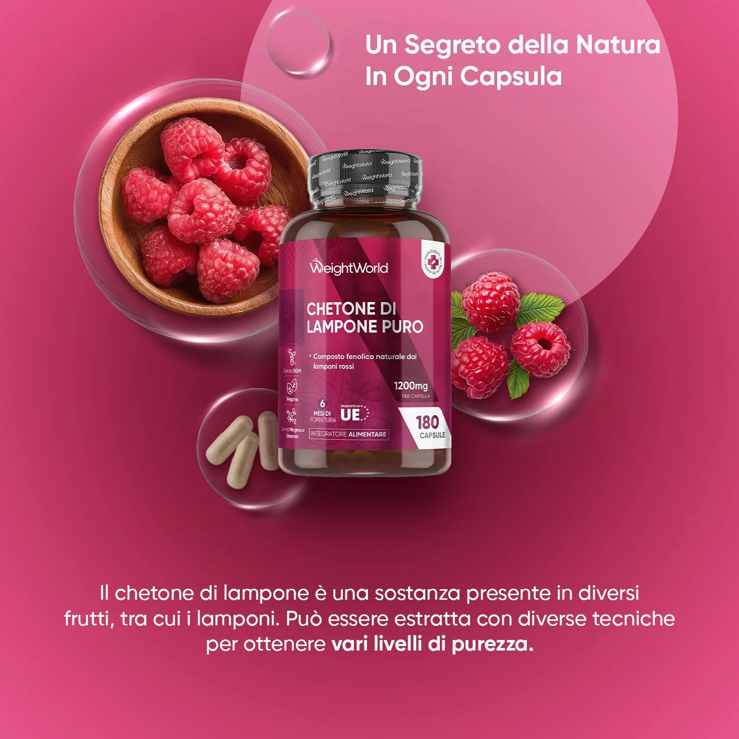 Integratore Chetoni di Lampone Puro 180 Capsule Vegane 1200mg 20:1 Estratto