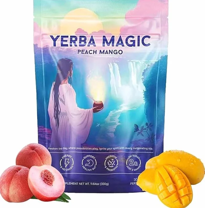 Yerba Magic PeAch MaNGo,Yerba Mate Instant Tea Powder, Magic Strawberry Matcha, Strawberry Matcha/PeAChs Mango, 4-in-1 Functional Blend,Focus and Gut Health (Peach Mango)