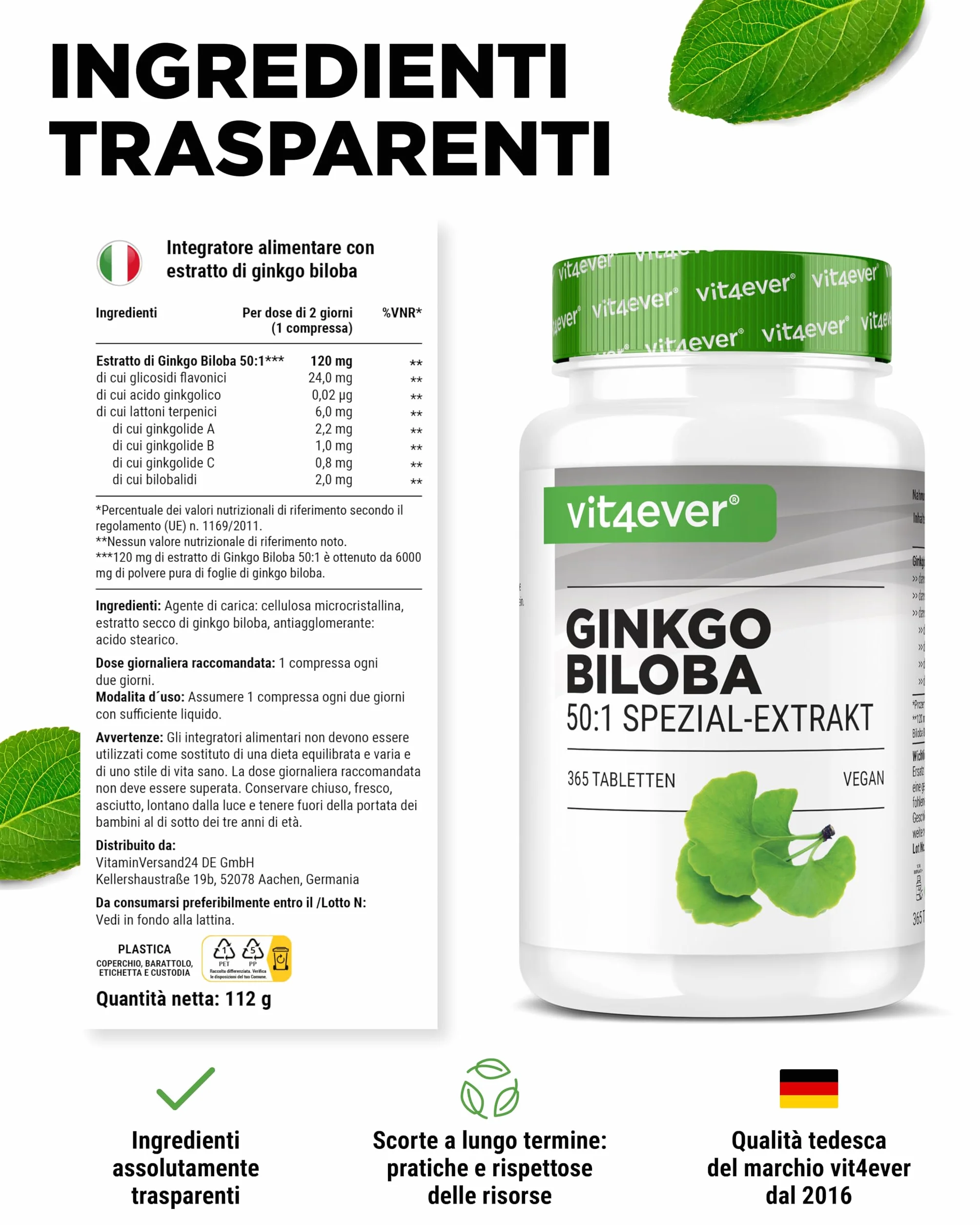 Vit4ever Ginkgo Biloba 6000 mg 365 Compresse Estratto Premium con Flavonglicosidi Ginkgolidi Lattoni Terpenici Alto Dosaggio Vegano