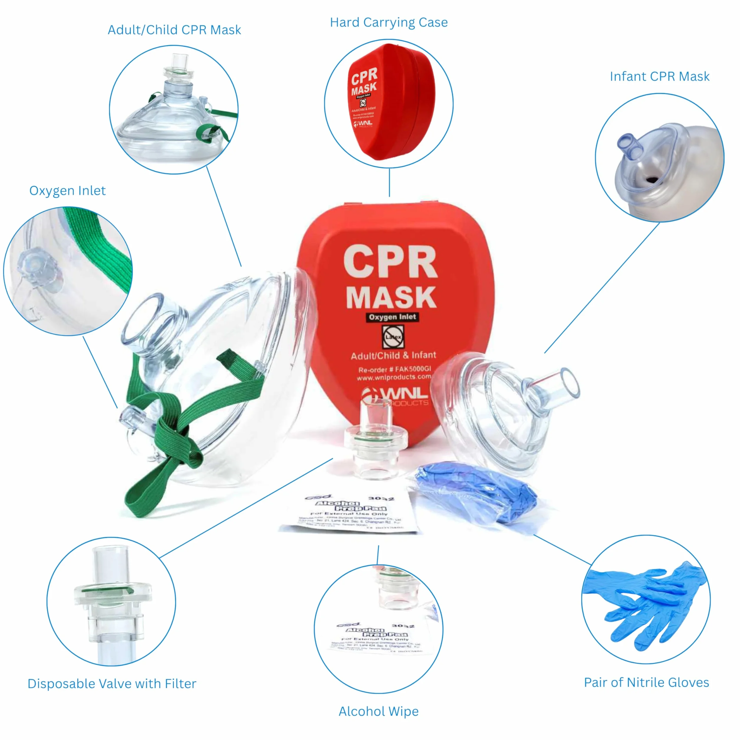 WNL Products CPR Rescue Mask Adult Child Infant Pocket Resuscitator Hard Case Kit Belt Clip