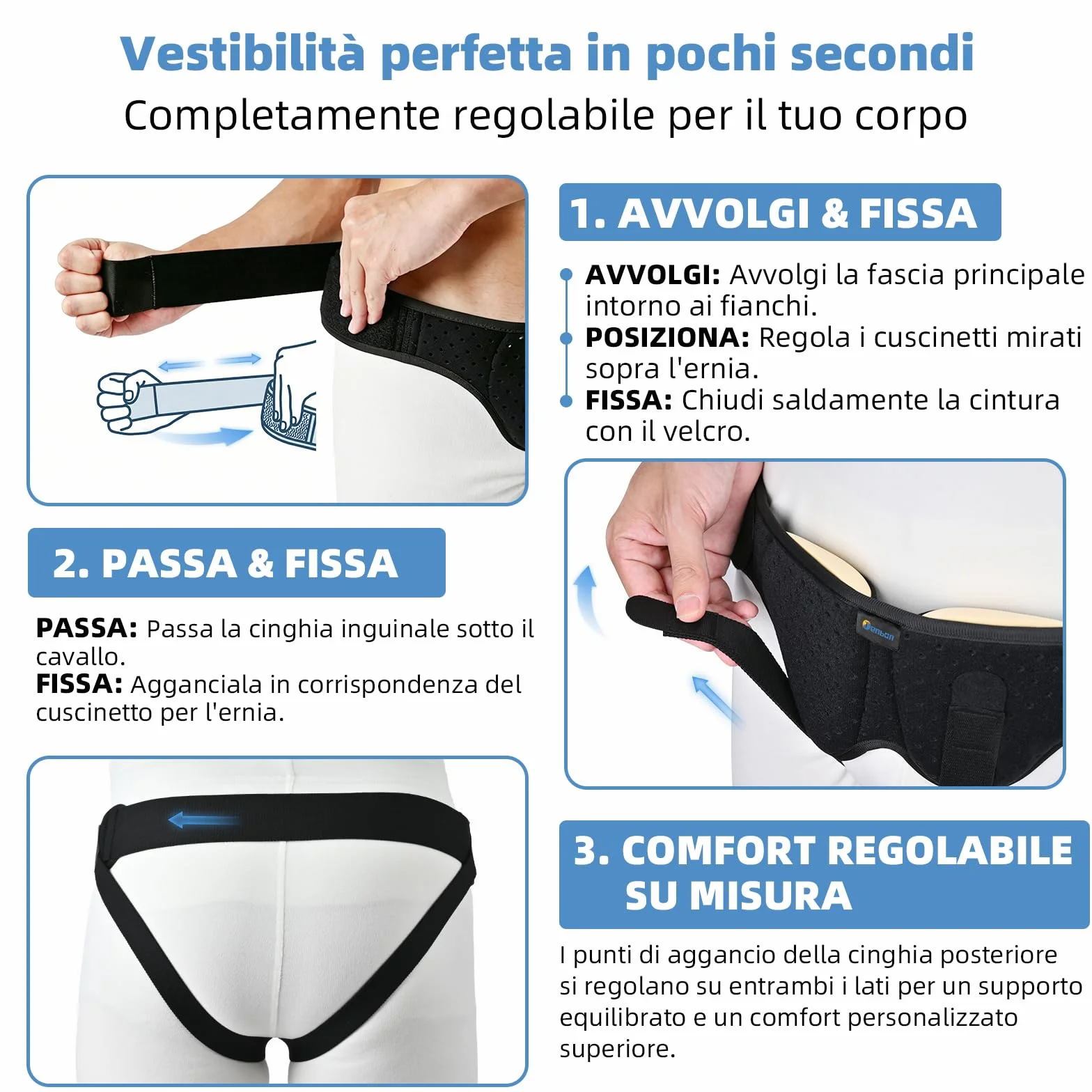 Tenbon Cintura per ernia per uomini e donne Cintura per ernia regolabile flessibile Supporto per ernia Sollievo dal dolore con 2 cuscinetti di compressione rimovibili (M)