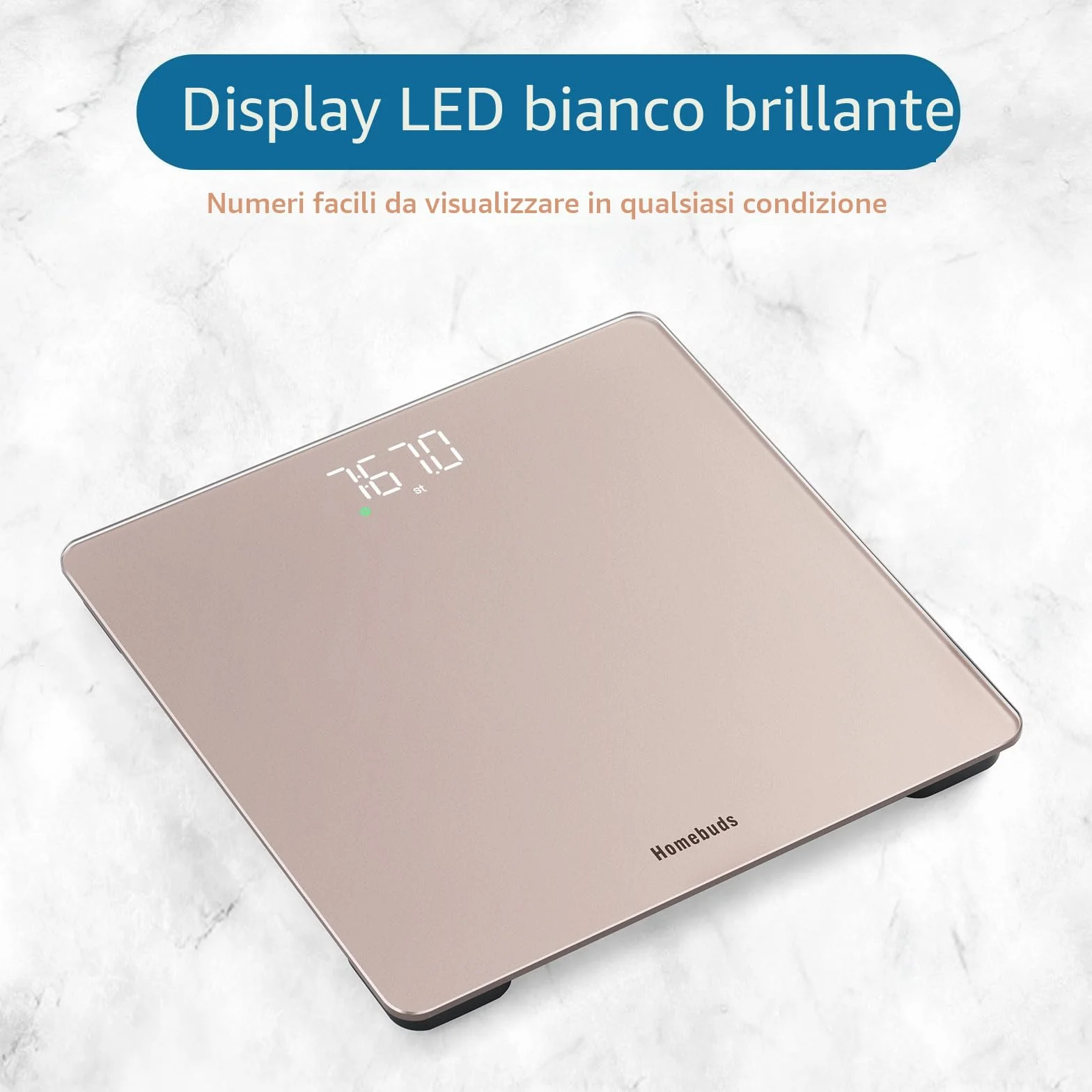 Bilancia Pesapersone Homebuds, 182kg Precisione 0,05kg LED Bianco, 3xAAA Incluse, Oro Rosa