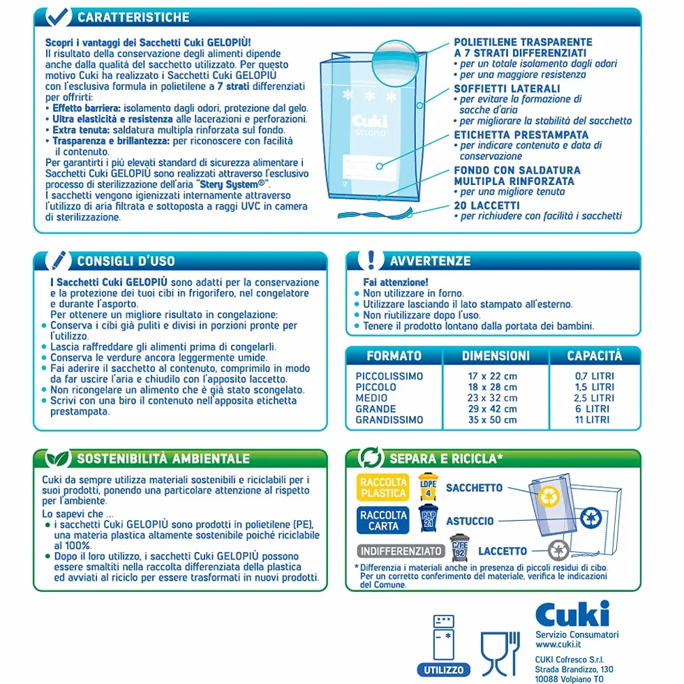 Cuki Gelopiù Sacchetti Freezer 7 Strati 17 x 22 cm 0,7 L 160 Pezzi