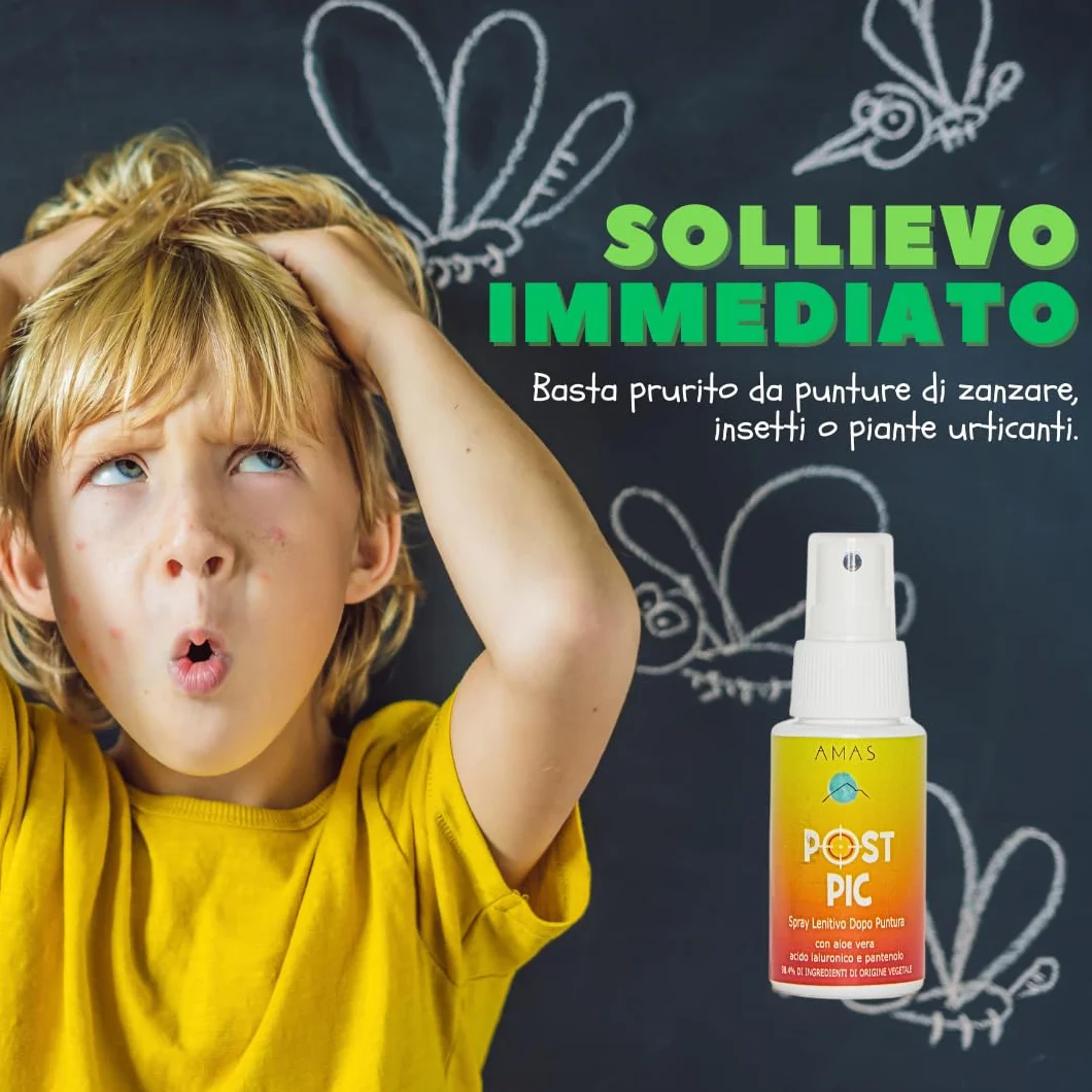 AMAS SPRAY LENITIVO NATURALE DOPOPUNTURA ANTIPRURITO POST PIC con Acido Ialuronico Aloe Vera e Pantenolo