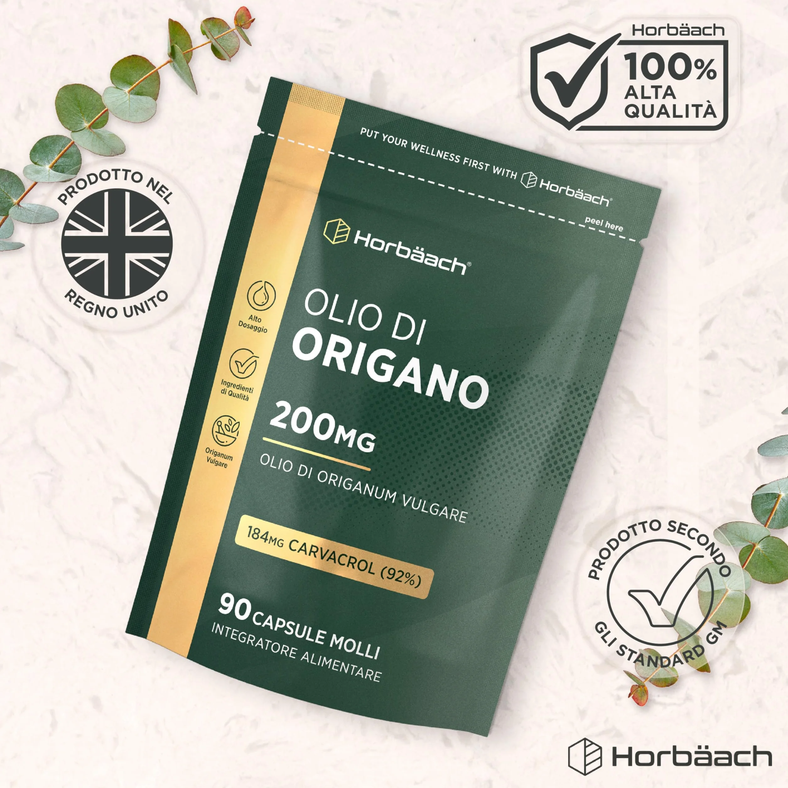Horbaach Olio di Origano Capsule 200mg 90 Capsules 184mg Carvacrolo Alto Dosaggio