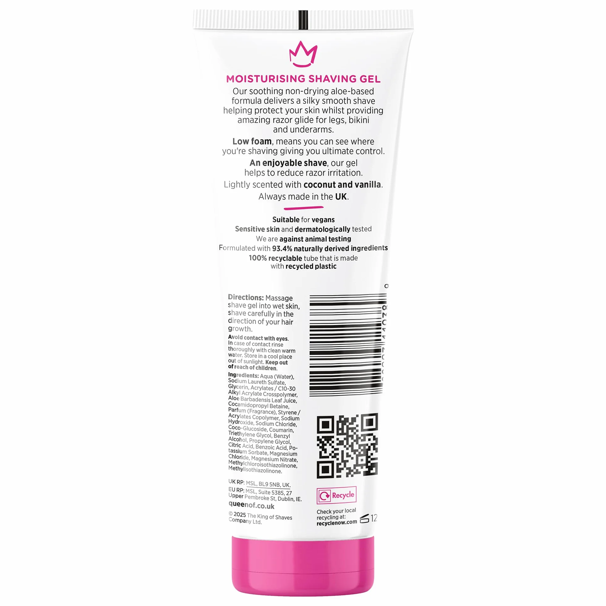 Queen of Ooh la la! Gel da barba idratante per donne, pelle sensibile, bassa schiuma, per gambe, ascelle e bikini, cocco e vaniglia, vegano, 93,4% ingredienti naturali, 150ml