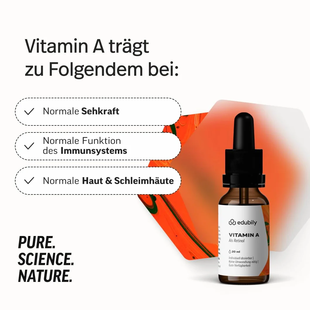 edubily nutrition Vitamina A Gocce Come olio di retinolo • 400 UI di palmitato di retinile per goccia – 2000 UI al giorno • Vegano • In olio MCT di cocco