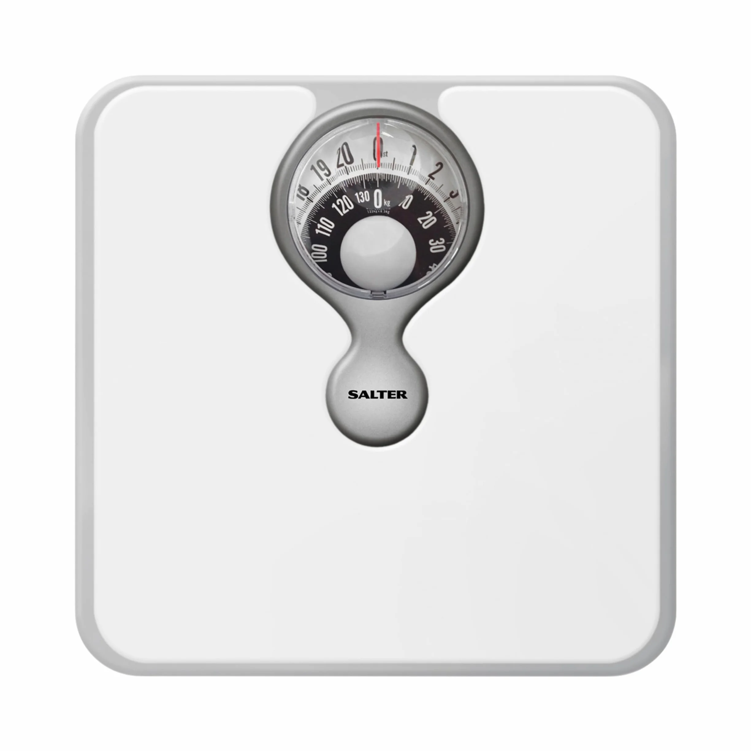 Salter Bilancia Meccanica da Bagno – Bilancia Pesa Persona Analogica, Quadrante con Lente d’Ingrandimento, Portata Massima 133 KG, Design Monocromatico, Senza Batterie, Colore Bianco