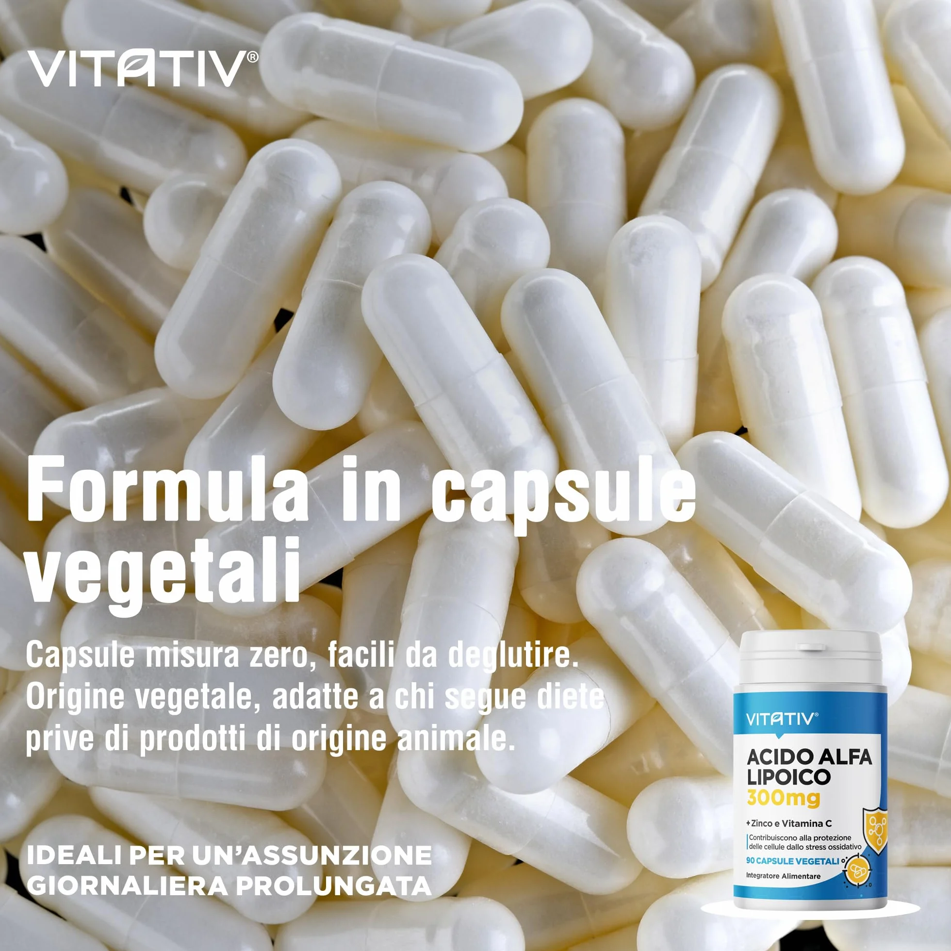 VITATIV Acido Alfa Lipoico ALA 300mg + Vitamina C e Zinco 90 Capsule Vegetali Antiossidante Made in Italy