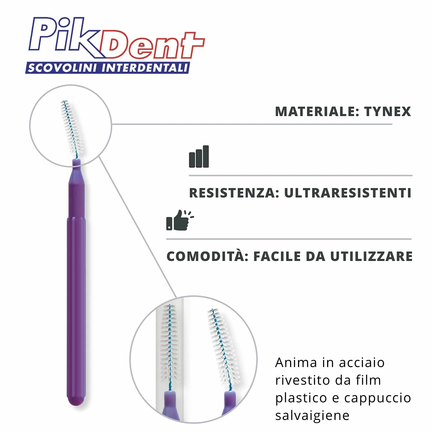 Pikdent Scovolini Interdentali Anima Acciaio Rivestito Setole Tynex Misura 1 Grigio 0,4 Mm Cilindrico 20 szt.