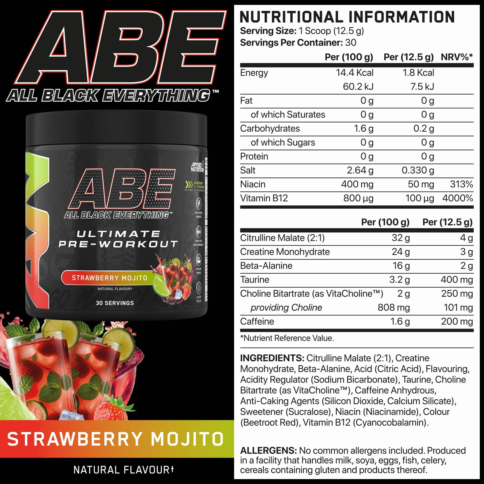 Applied Nutrition ABE All Black Everything Pre Workout Powder Energy, Performance fisica con citrullina, creatina, beta alanina, caffeina, Vitamina B complex, 315 gr, 30 porzioni (Strawberry Mojito)