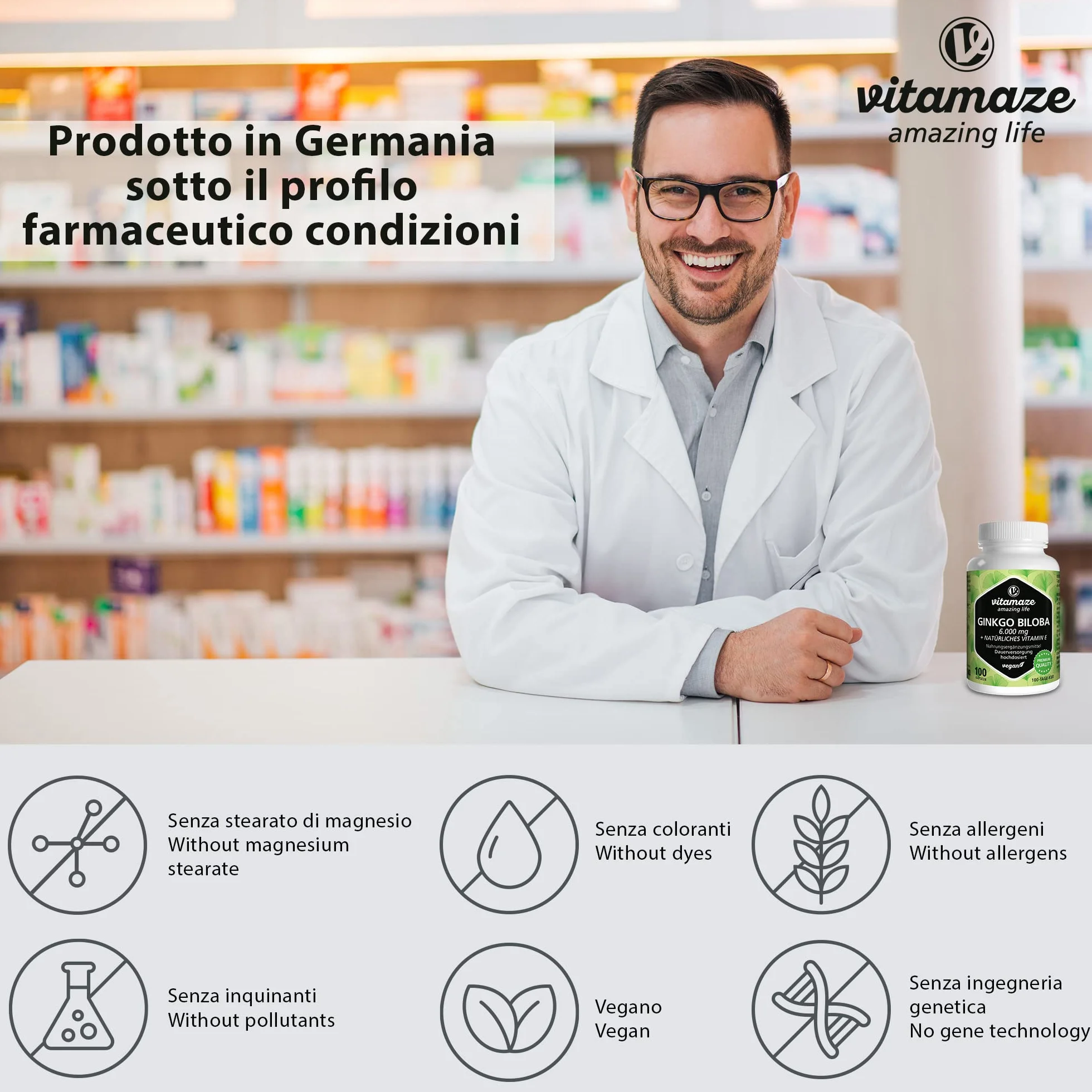Vitamaze Ginkgo Biloba Complex 6000 mg (50:1) con L Carnitina e Vitamina E, 100 Capsule Integratore Vegano