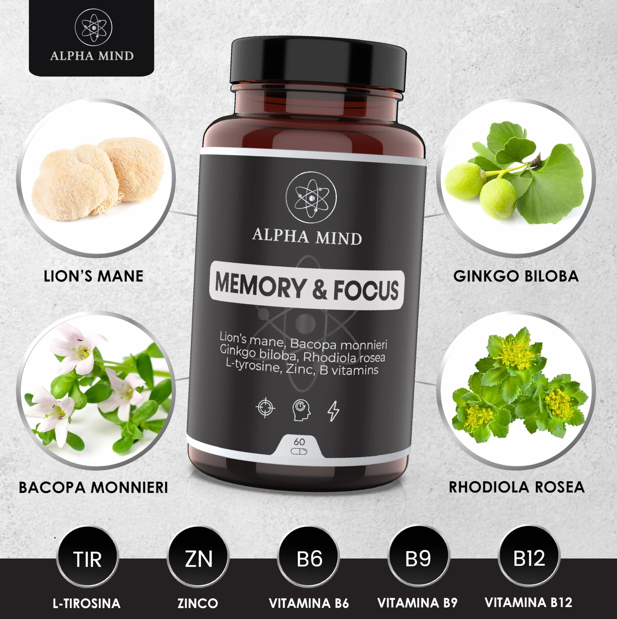 Nootropico Potente Naturale - Concentrazione, Memoria, Agilità Mentale - Con Lions mane, Ginkgo biloba, Bacopa Monnieri, Rhodiola Rosea, L Tirosina, Zinco, Vitamine B - Senza Caffeina
