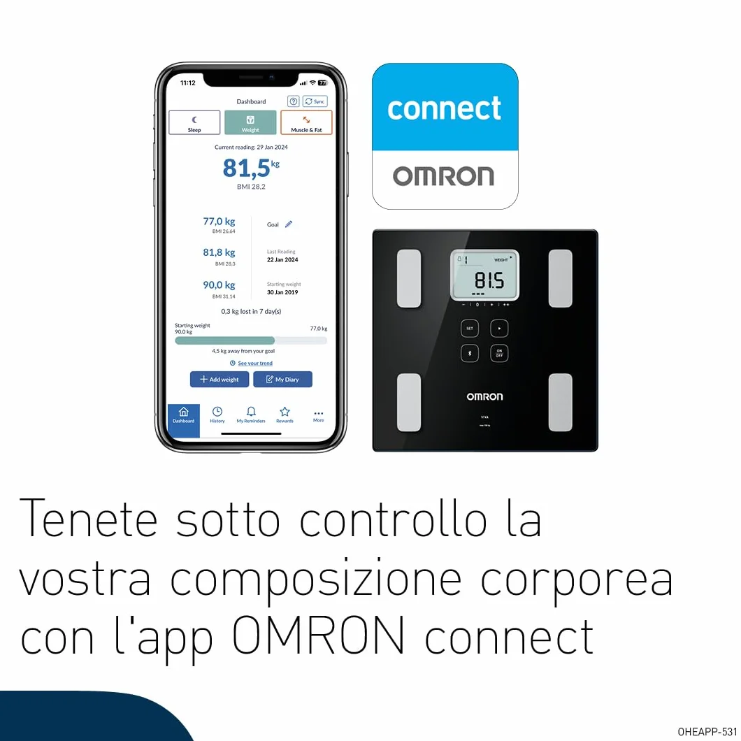 OMRON VIVA bilancia pesapersone digitale Bluetooth grasso viscerale muscoli metabolismo BMI