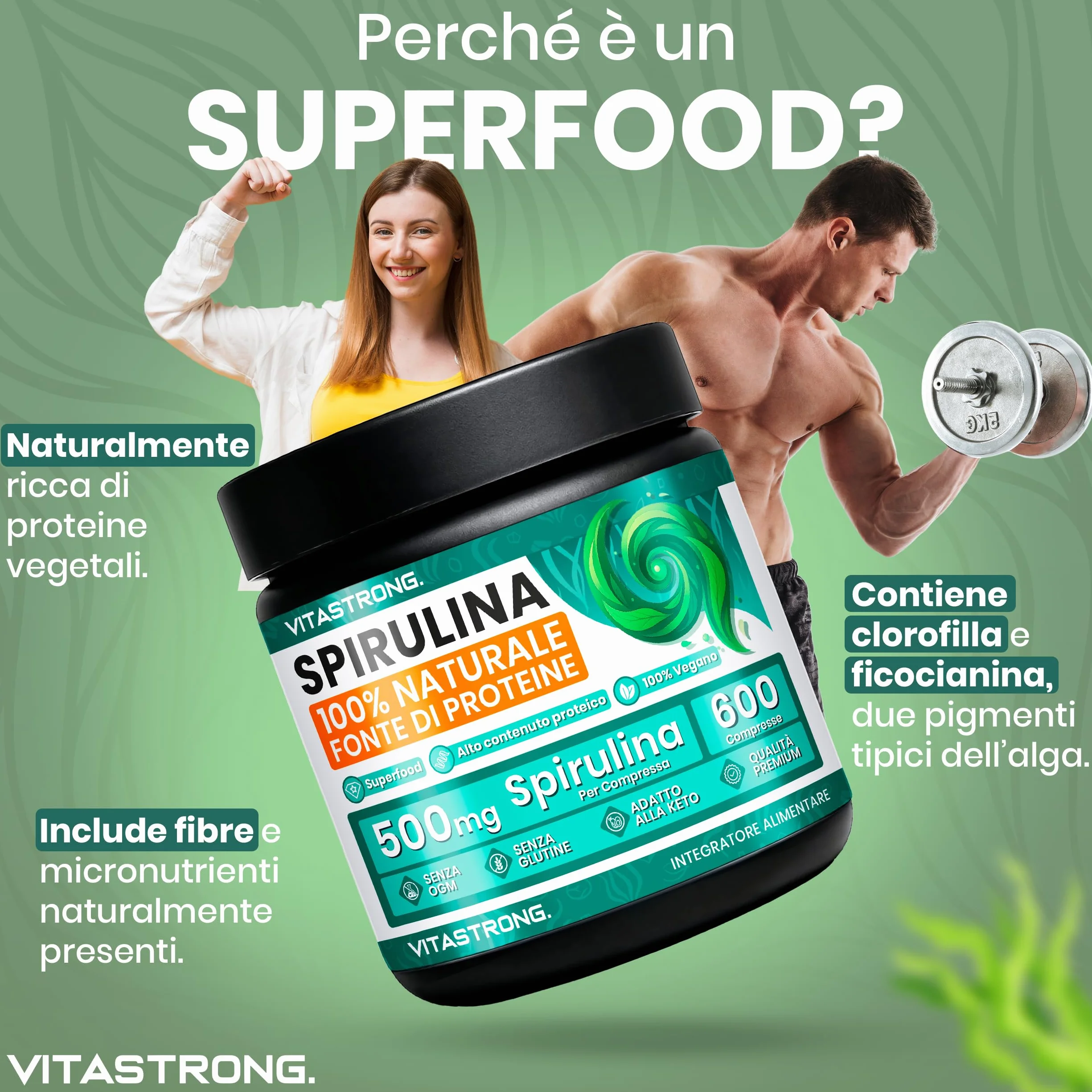 Vitastrong Spirulina Compresse 3000mg 600 Compresse Vegan Alto Contenuto Proteico Integratore Alimentare Senza Glutine OGM