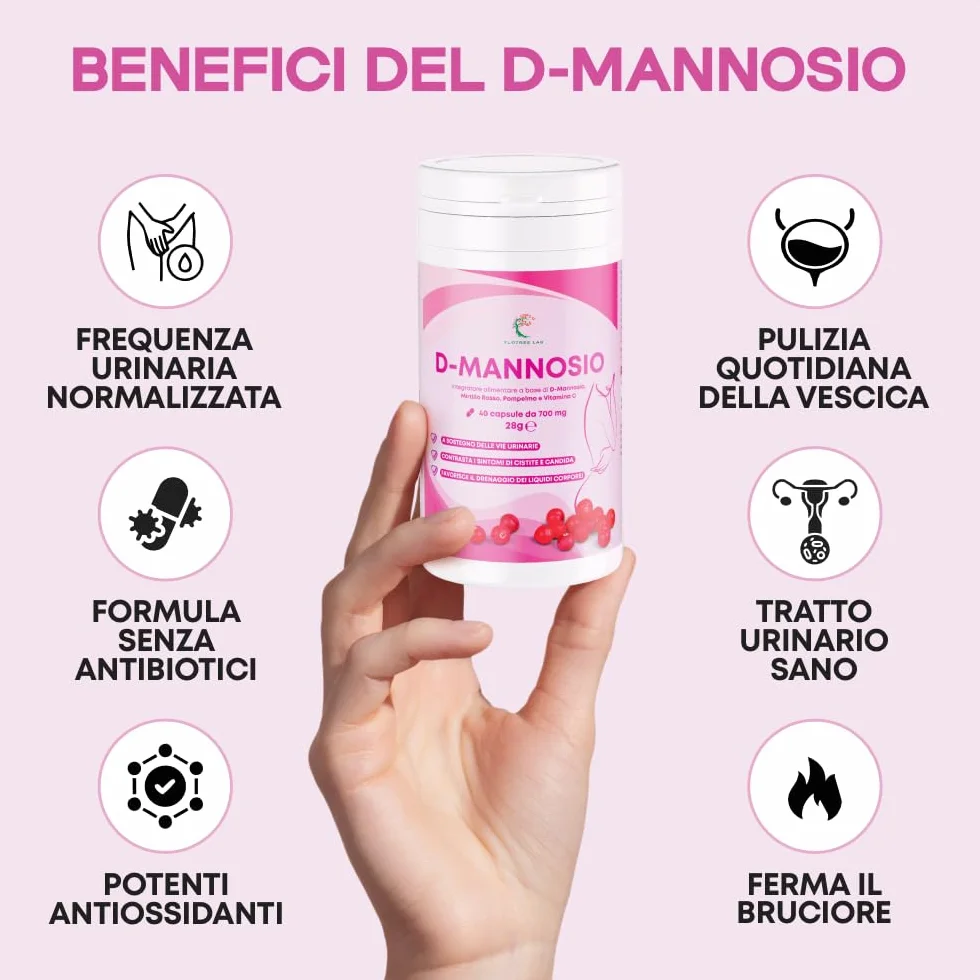 FloTree Lab® D Mannosio Cistite con Cranberry, Pompelmo e Vitamina C, 2000 mg, Integratore Vie Urinarie, 40 Capsule