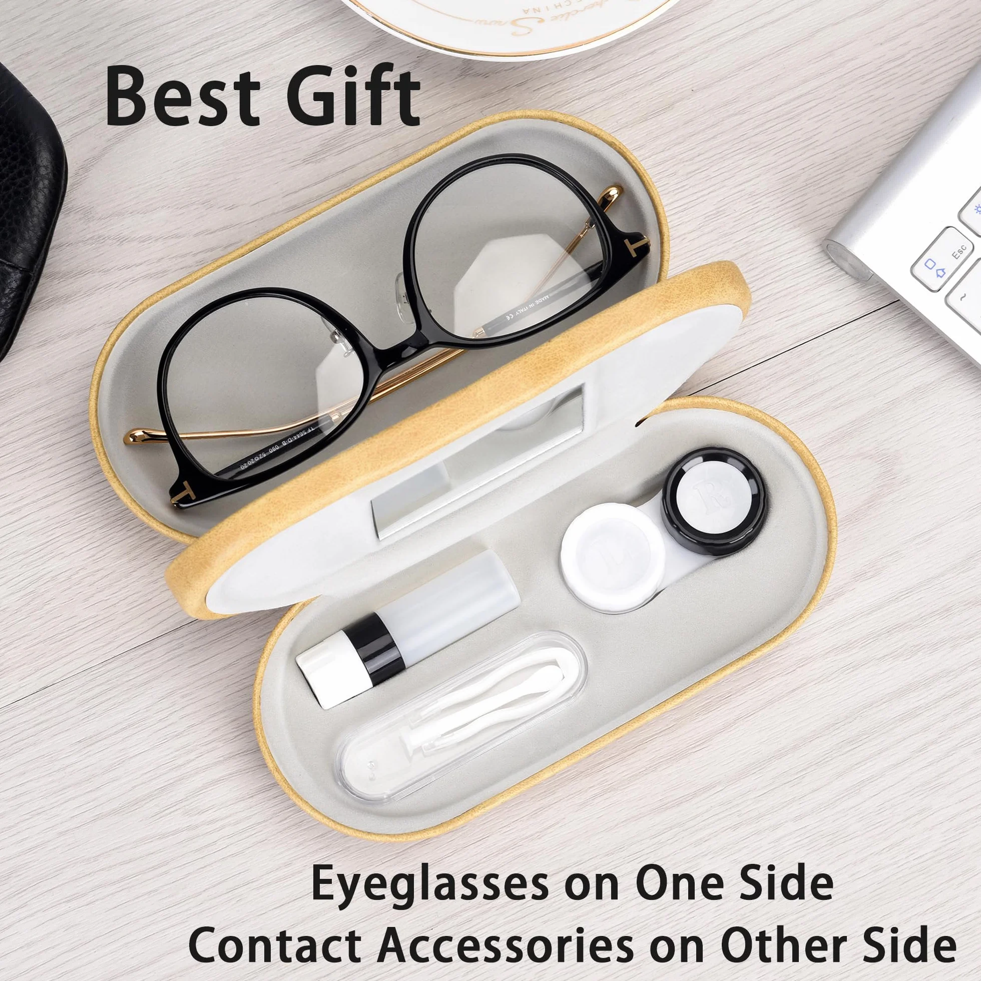 Muf 2 in 1, custodia per lenti a contatto portatile e custodia per occhiali, design doppio uso con specchio integrato, pinzette e soluzione per lenti a contatto, bottiglia inclusa per set da viaggio