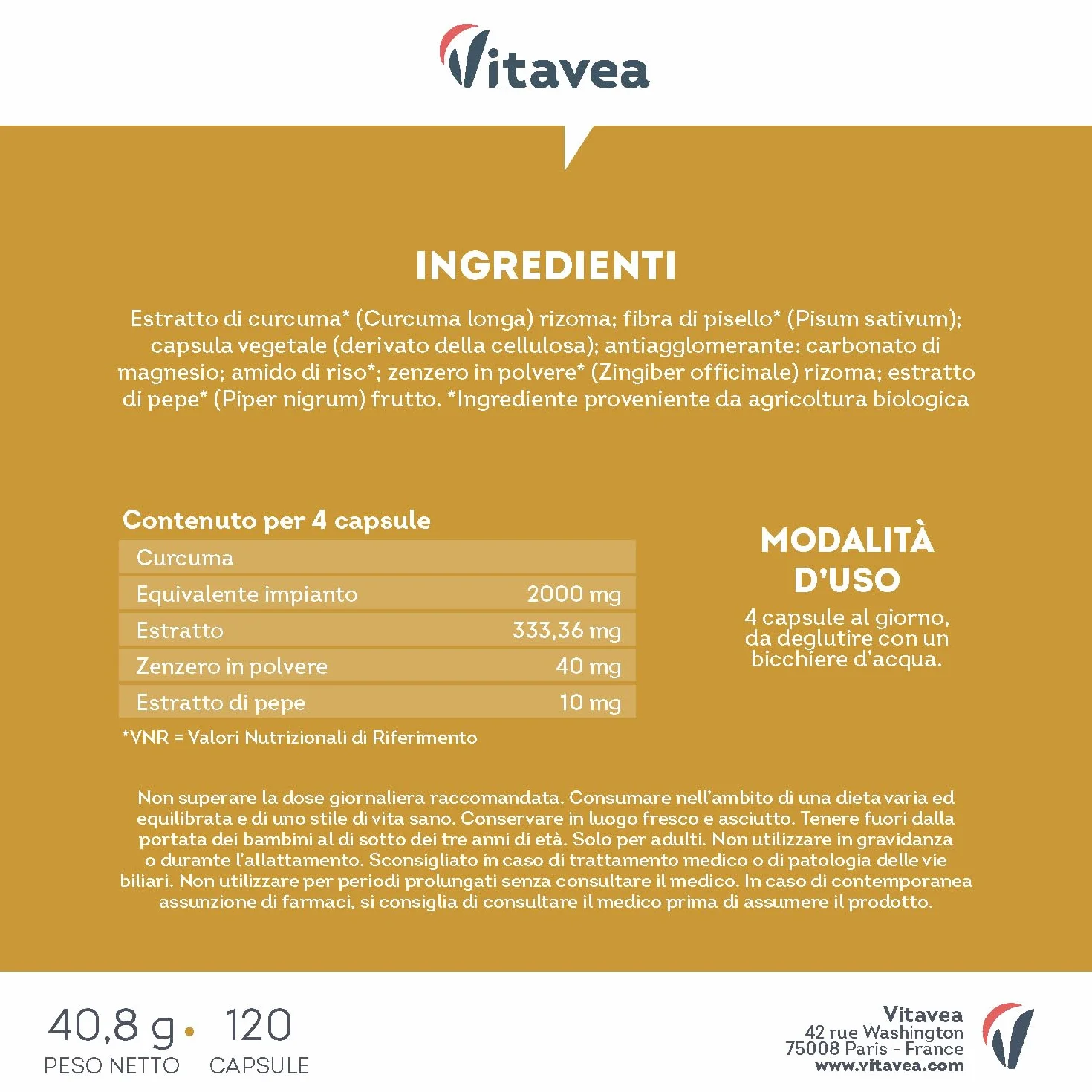 Curcuma Bio 2000 mg con Zenzero e Pepe Nero 120 Capsule Vegane Integratore di Curcumina Antiossidante Naturale Articolazioni Digestione Fegato Vitavea