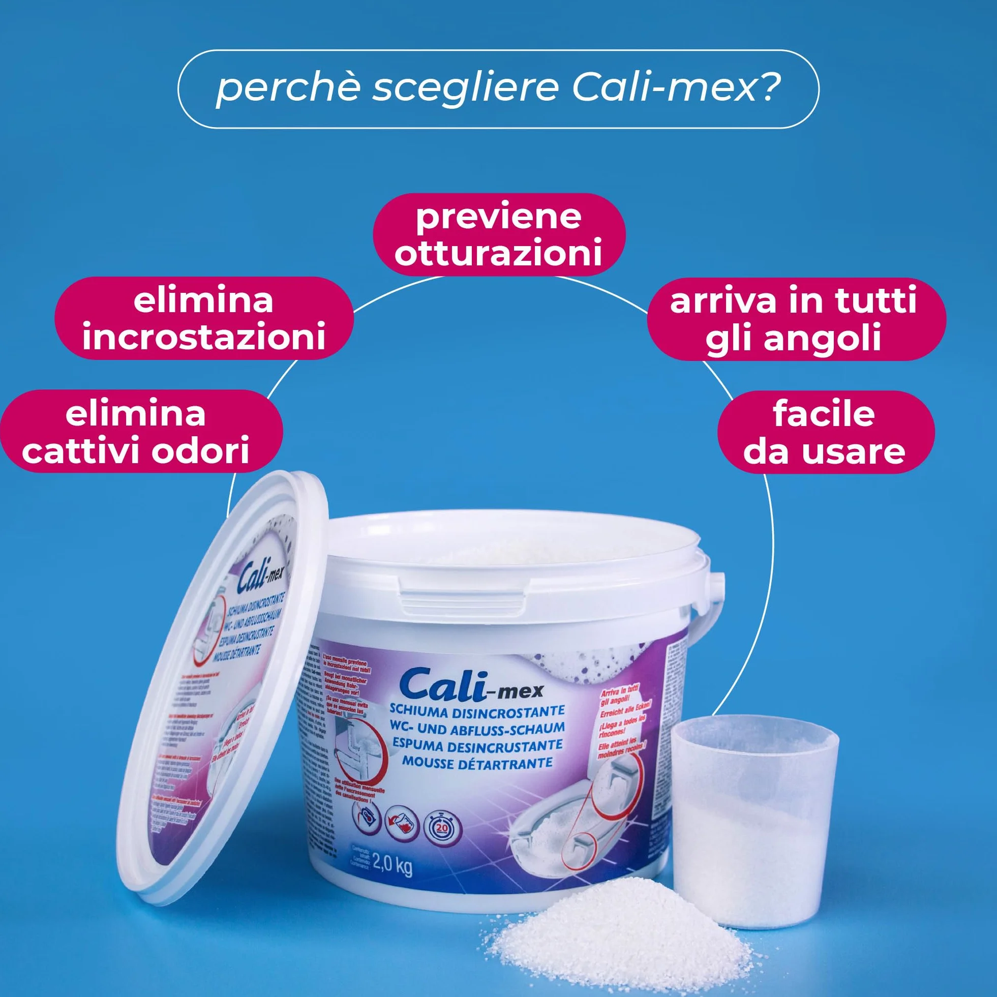 Cali-mex Schiuma per la Pulizia di Sifoni e Tubature. Elimina i cattivi odori, Previene otturazioni e Ingorghi di Lavandino, Doccia e WC. Formato Convenienza da 2kg