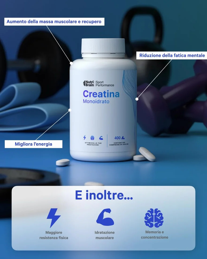 Creatina Monoidrata 3000 mg – 400 compresse | Migliora la forza, la massa muscolare, l'endurance, il recupero, l'energia e l'agilità mentale | Vegana, Senza Glutine, Senza OGM | Per Uomo e Donna