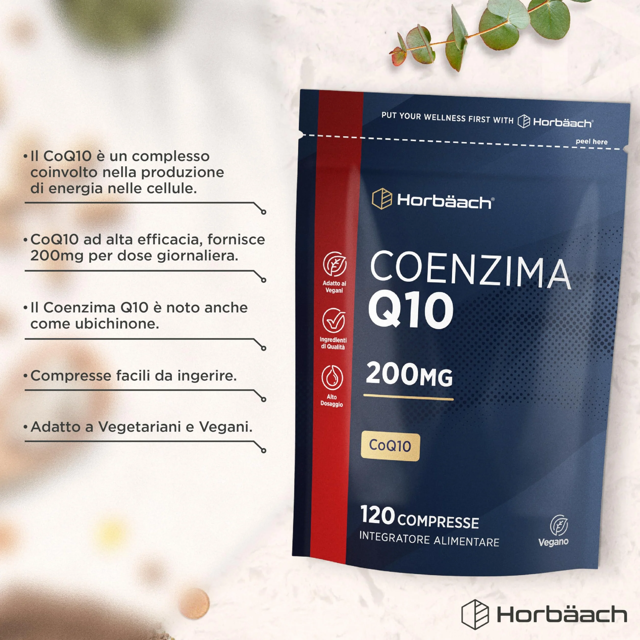 Coenzima Q10 200mg | CoQ10 200mg | 120 compresse | Adatto a vegetariani e vegani | Horbaach