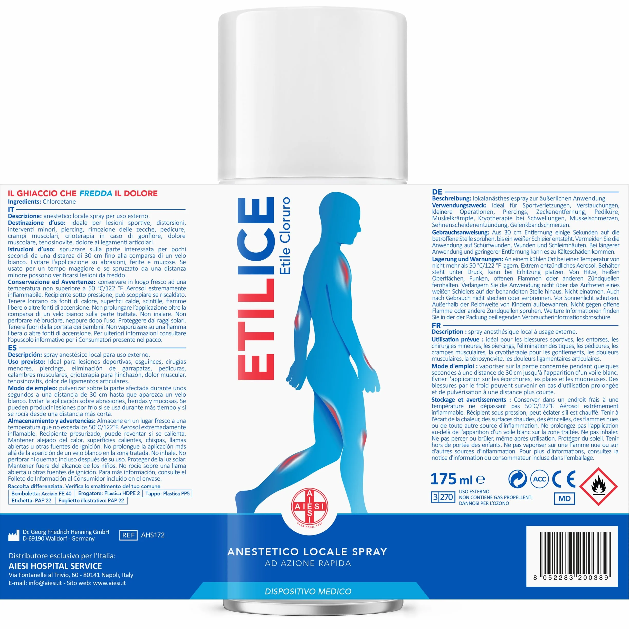 Dr. Henning AIESI Etile Cloruro Spray 10x175 ml Ghiaccio spray anestetico istantaneo Made in Germany