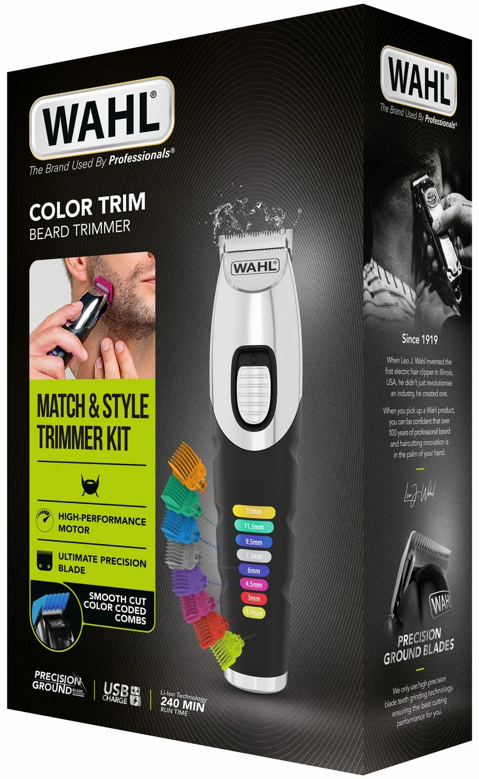 Wahl Colour Trim Tagliabarba Pettini Guida Codificati Colori 240 Minuti Funzionamento USB Lame Affilate Precisione