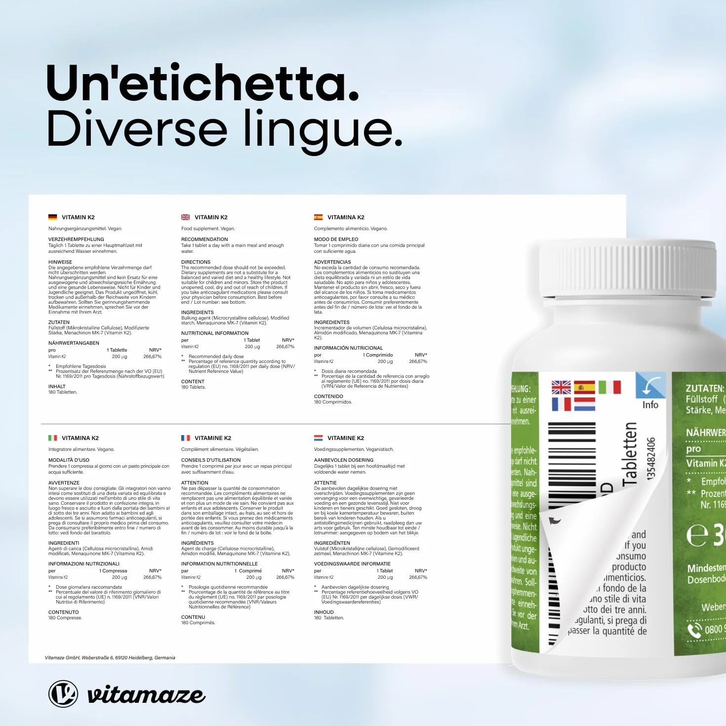 Vitamaze Vitamina K2 MK-7 200 mcg All Trans 100% Alto Dosaggio 180 Microcompresse Vegan