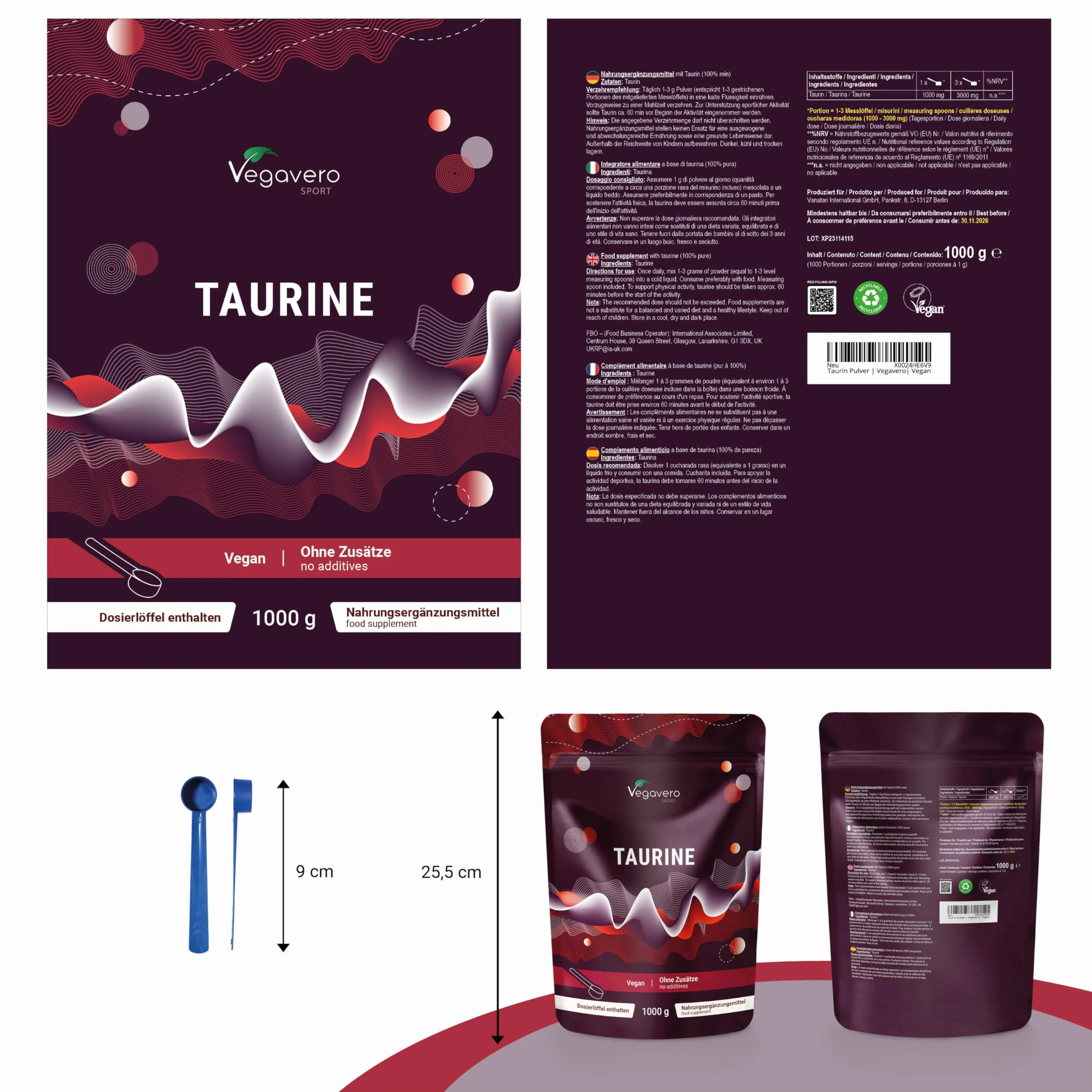 Taurina in Polvere 1 Kg 3000 mg per Dose Giornaliera Integratore Sport Pre Post Workout Energizzante Altamente Dosato Vegan Senza Additivi Vegavero®