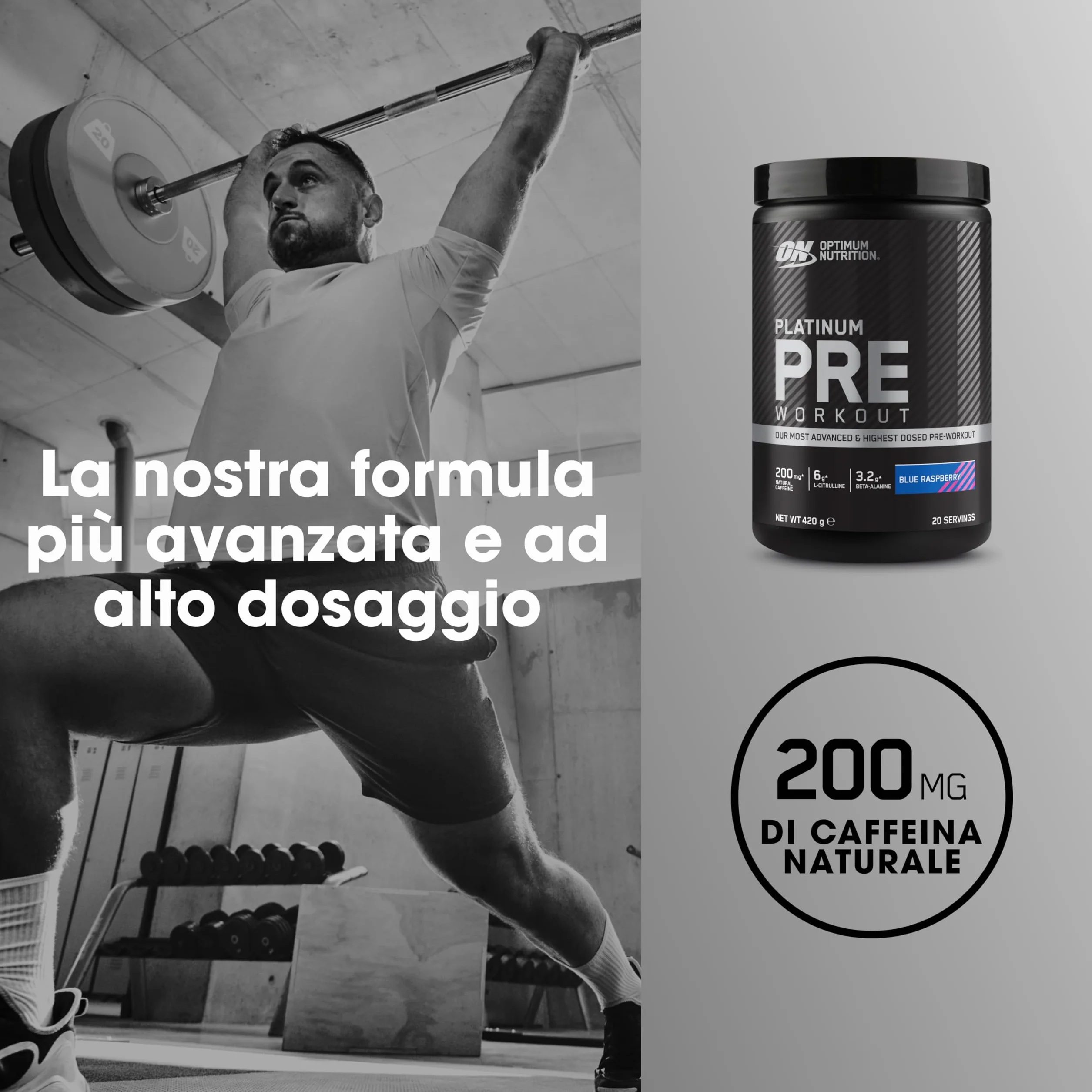 Optimum Nutrition ON Platinum PUMP Pre-Workout, Integratore Pre-Workout Intenso Senza Caffeina, Gusto Lampone Blu, 420 g, 20 dosi