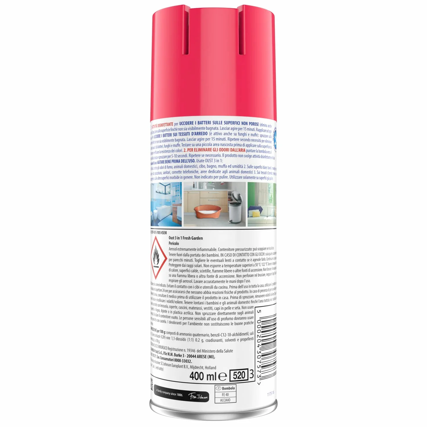 Oust 3 in 1 Spray Disinfettante 400 ml Fragranza Fresh Garden per Superfici e Tessuti Uccide 99,9% Batteri 12 unità