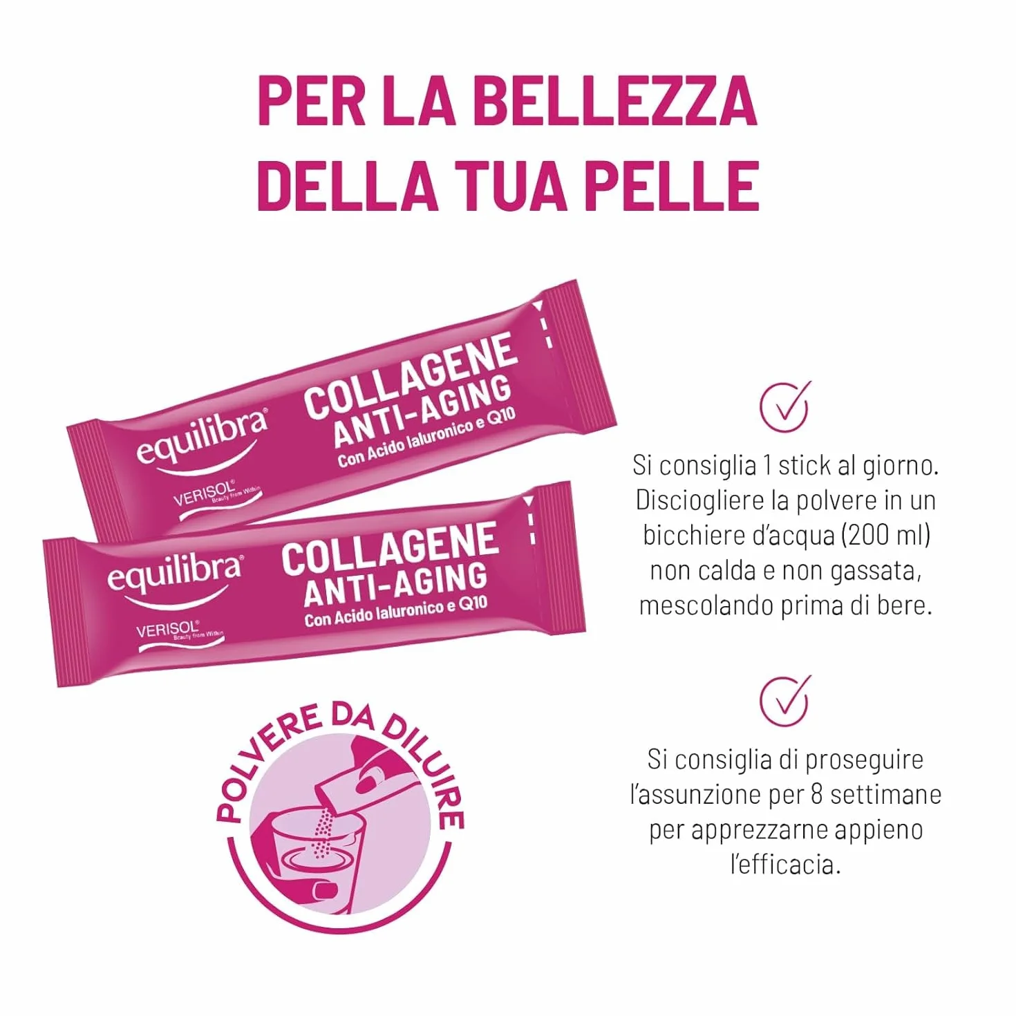 Equilibra Collagene Anti-Aging VERISOL® 14 Mono Stick 5000mg Acido Ialuronico Coenzima Q10