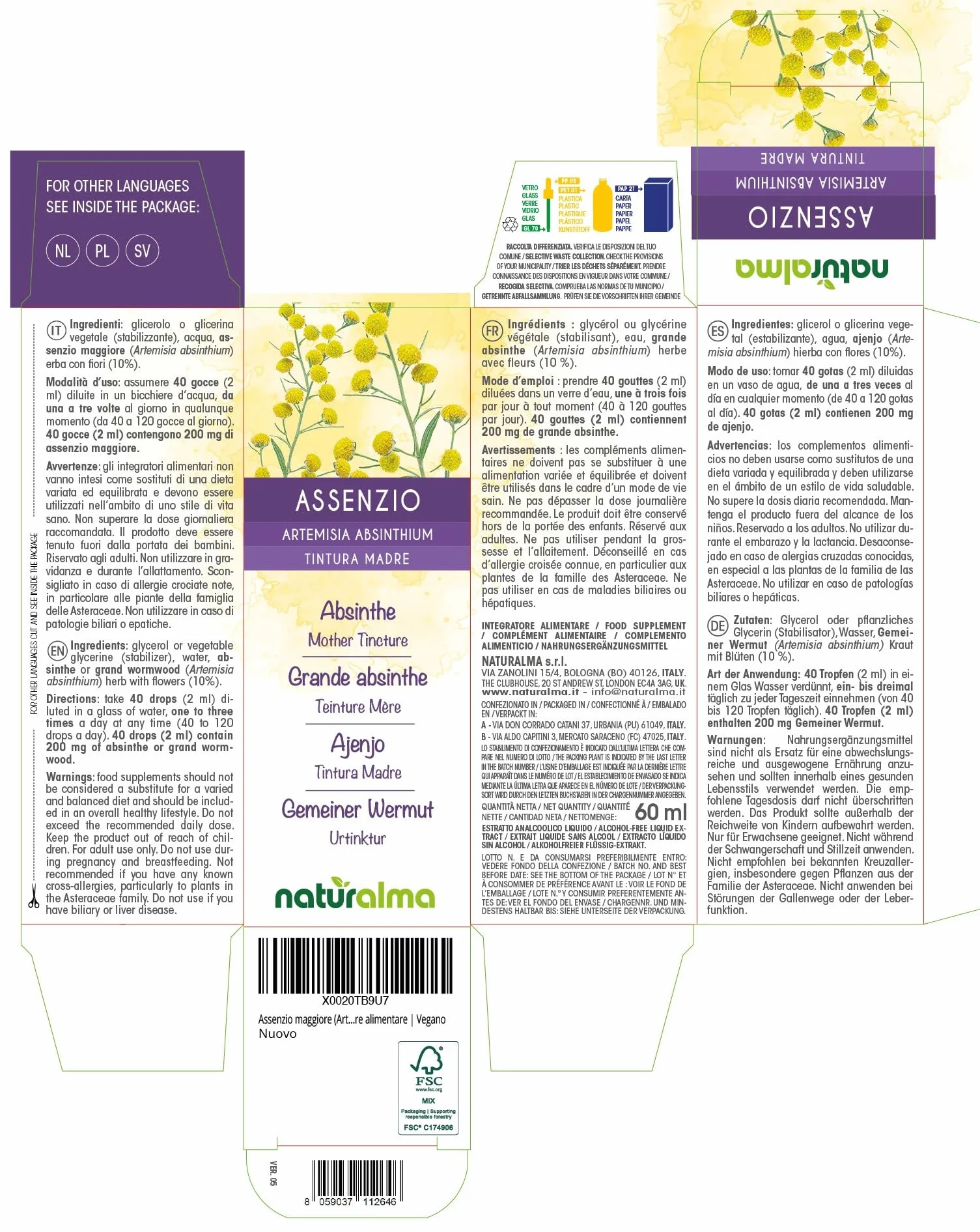 Assenzio maggiore (Artemisia absinthium) erba con fiori Tintura Madre analcoolica Naturalma - Estratto liquido gocce 60 ml - Integratore alimentare - Vegano