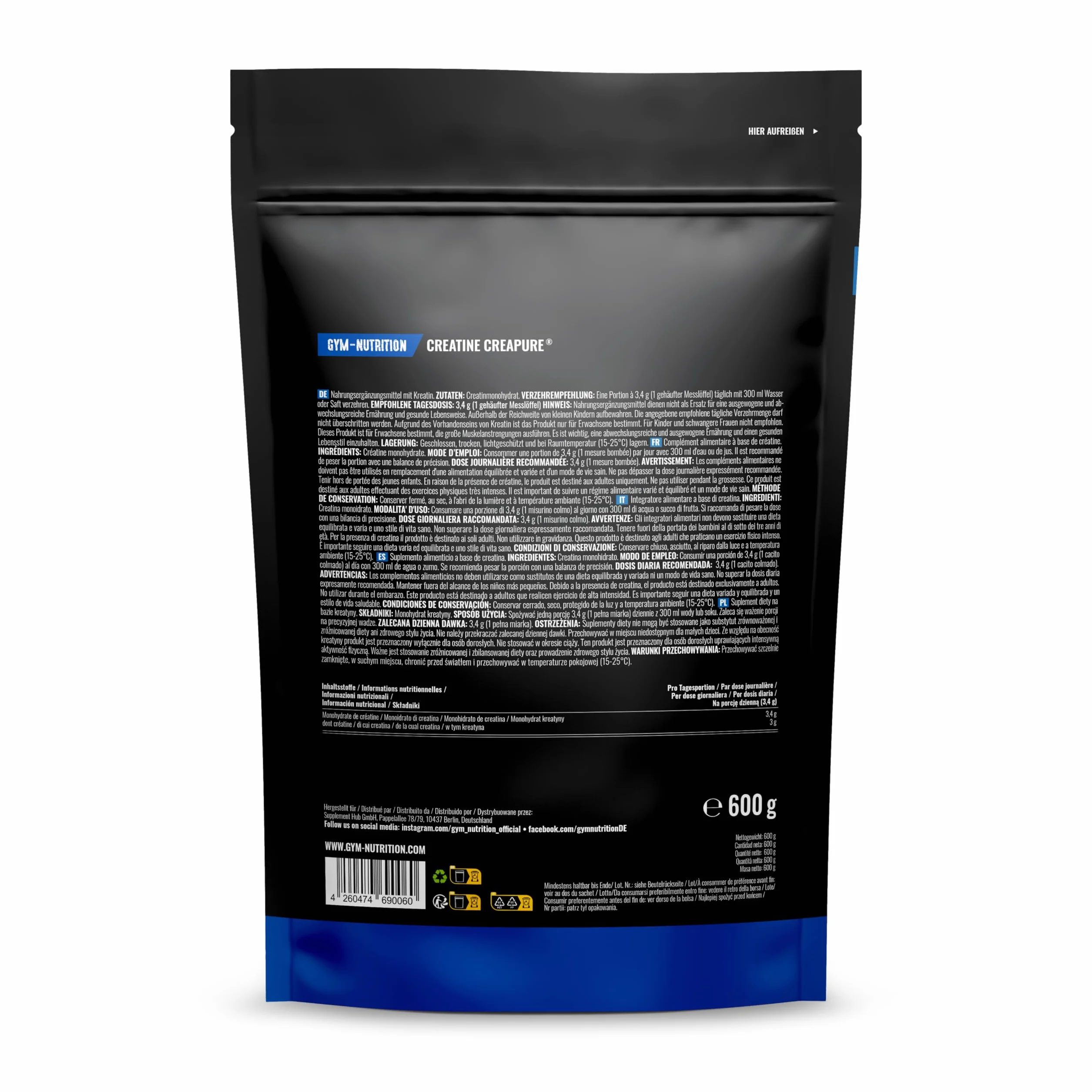 Creatina Creapure® in Polvere – 600 g – 176 Porzioni – Creatina Monoidrata Creapure – Vegana – Prodotta in Germania – Creatine Monohydrate