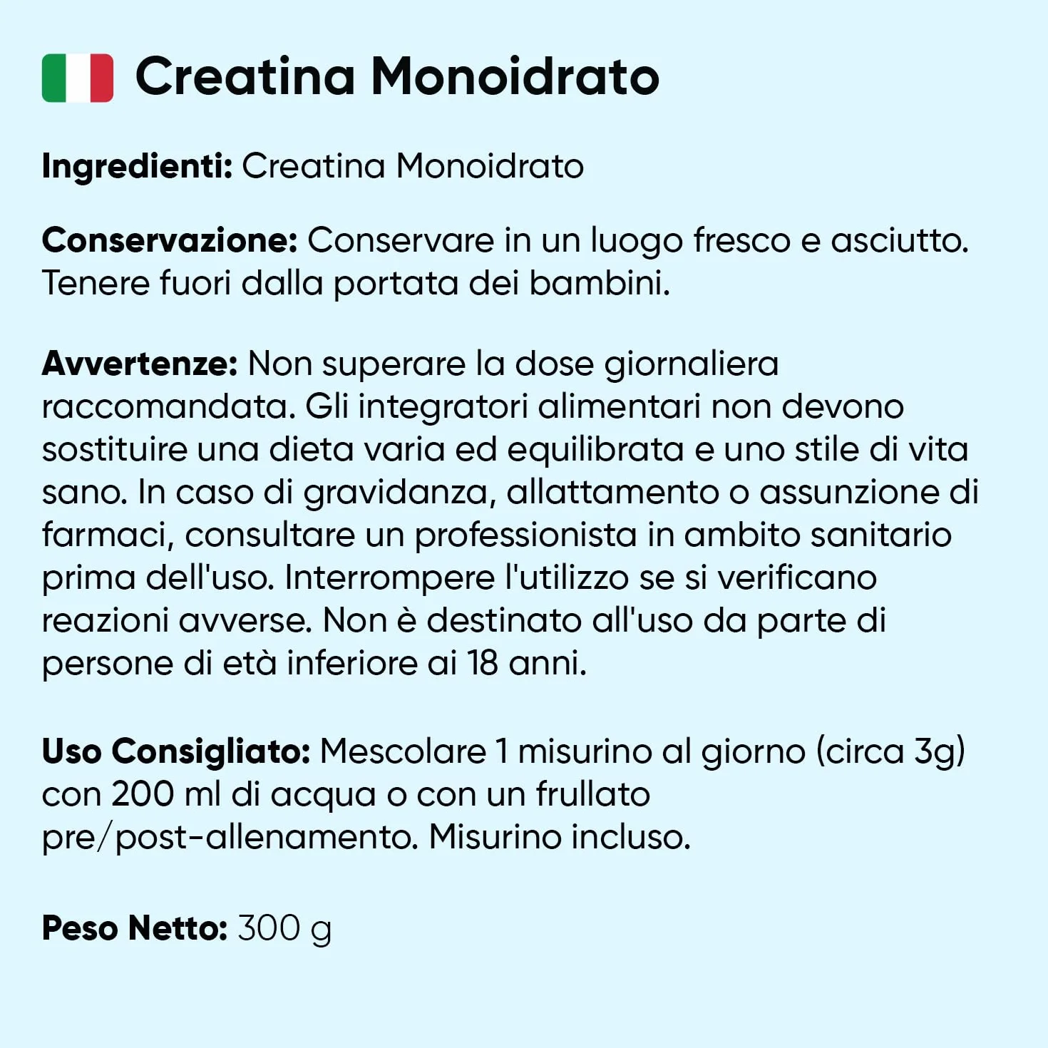 Creatina Monoidrata in Polvere 100% Pura, Vegana, 100 Dosi, 300g, Micronizzata, Pre Intra Post Workout