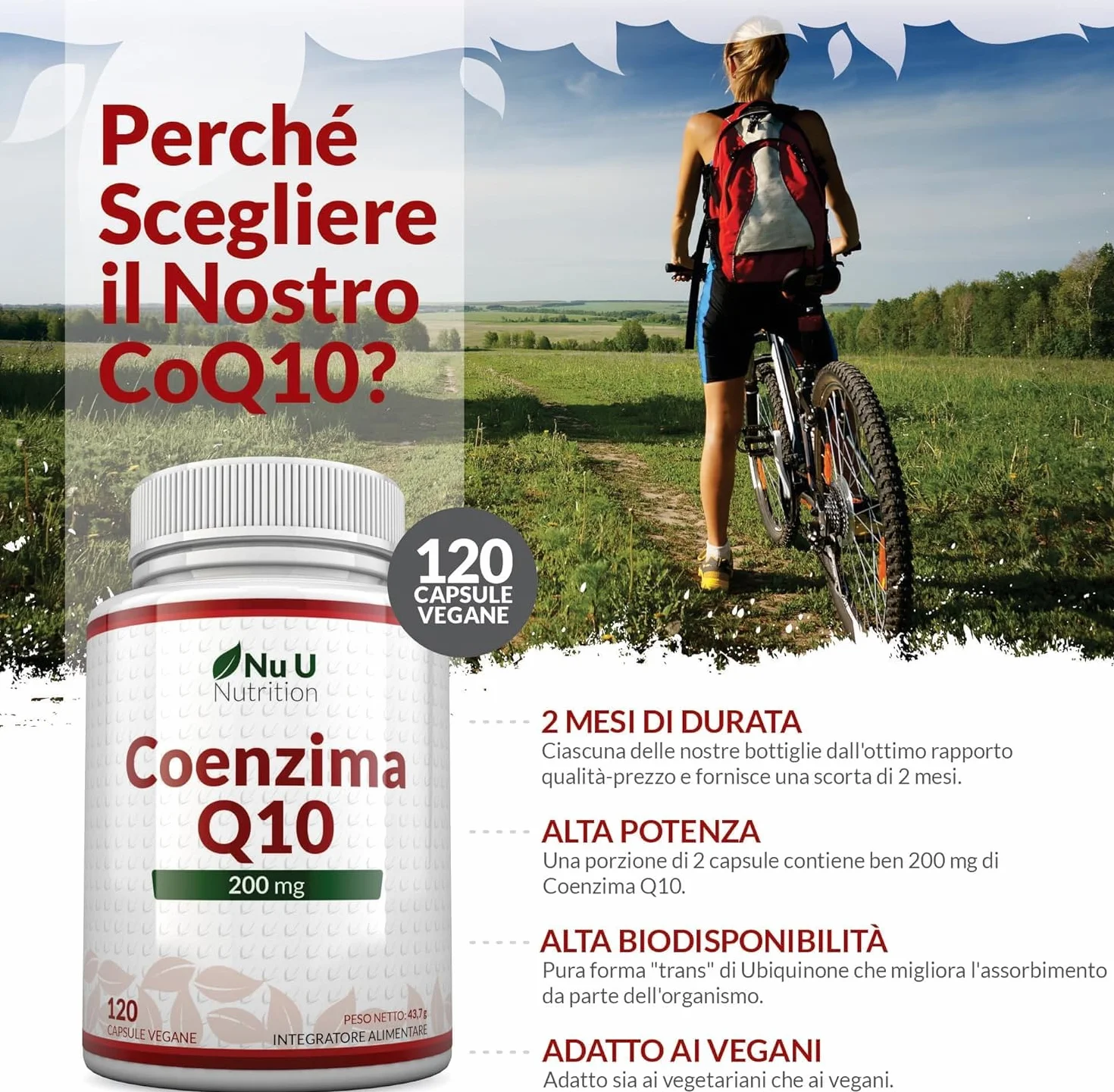 Coenzima Q10 200mg - 120 Capsule Vegane - 2 Mesi di Durata - 100mg di CoQ10 per Capsula - 100% Ubiquinone Puro Fermentato Naturalmente - Prodotto in Europa - Nu U Nutrition