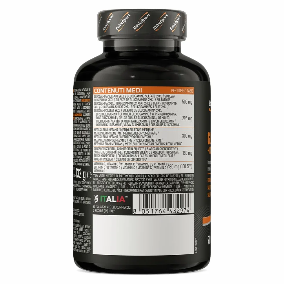 Glucosamina + Condroitina + MSM EthicSport – Integratore articolazioni con Vitamina C 100% NRV per collagene, cartilagini e ossa – 90 compresse – Gluten free, doping free tested*