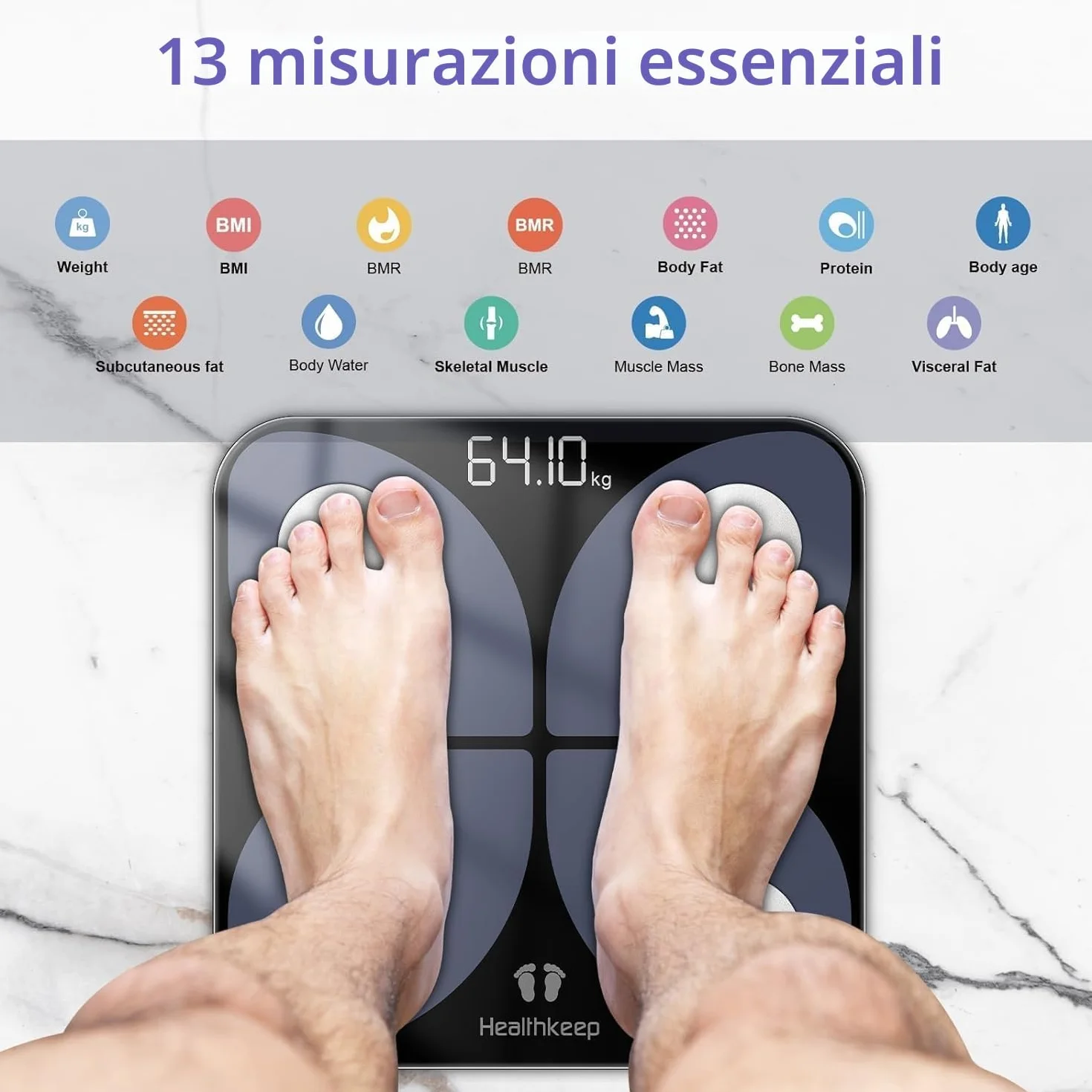 Bilancia per grasso corporeo digitale con app: Bluetooth Smart Bilancia per grasso corporeo, BMI, massa muscolare, proteina, BMR, vincitore del test, 26 x 26 cm