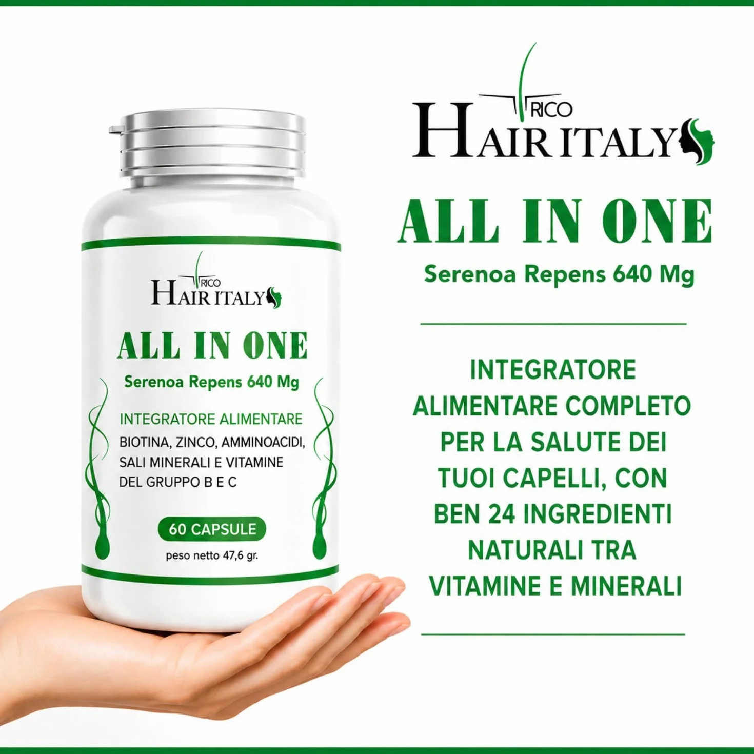 Integratore Capelli con Serenoa Repens, Biotina, Zinco, Selenio, Saw Palmetto e Caffeina - Multivitaminico per la Crescita e Contro la Caduta