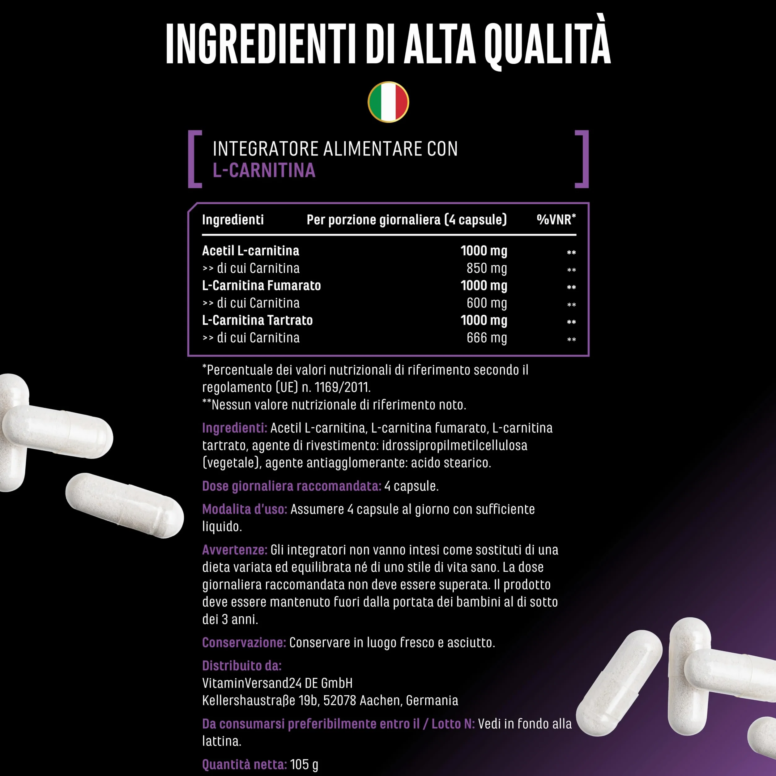 L-Carnitina Triplo Complesso 3000 mg per porzione giornaliera 120 capsule ad alto dosaggio vegano formula premium