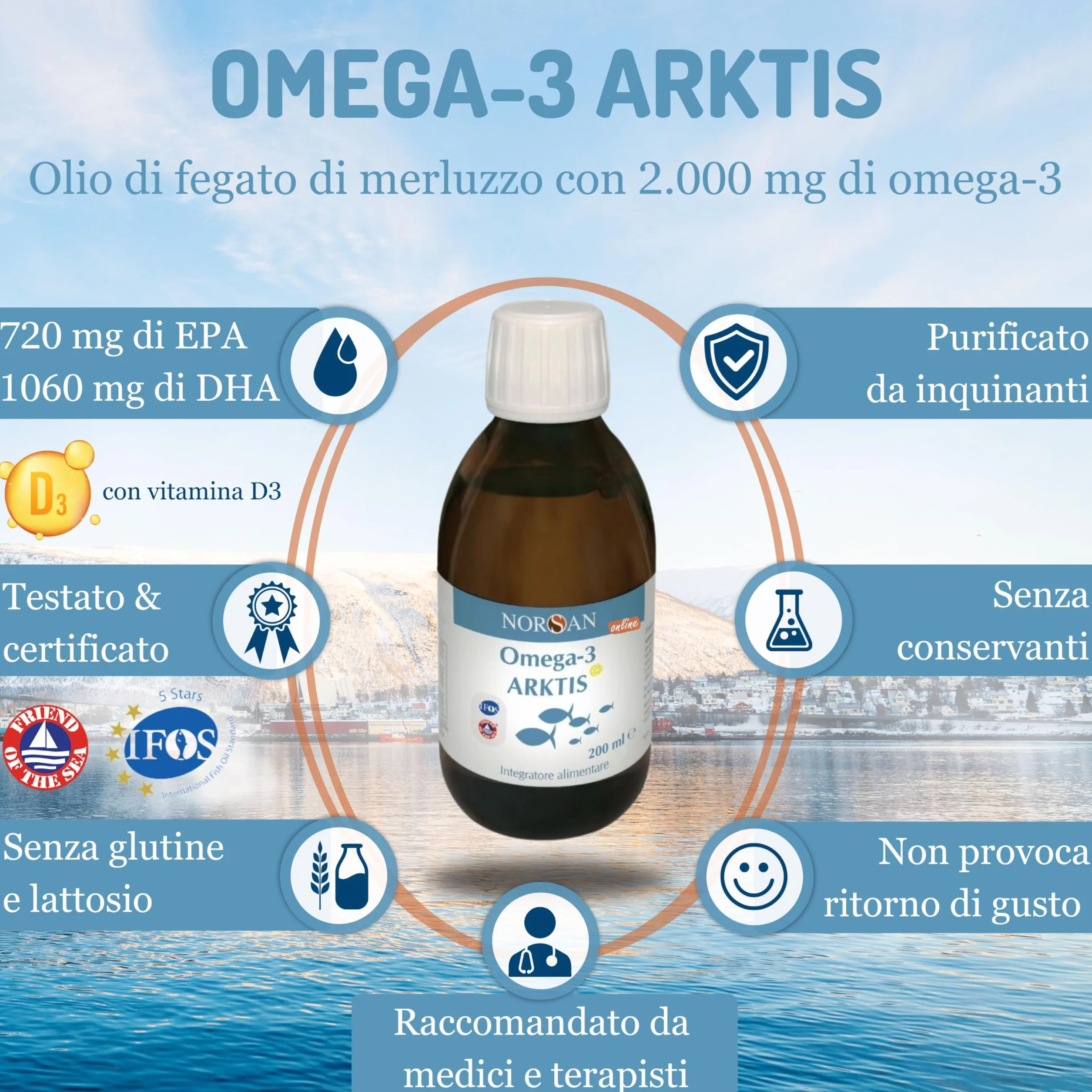 NORSAN Arktis Omega 3 2000mg Olio di fegato di merluzzo liquido 1x200 ml Integratore EPA DHA Vitamina D3