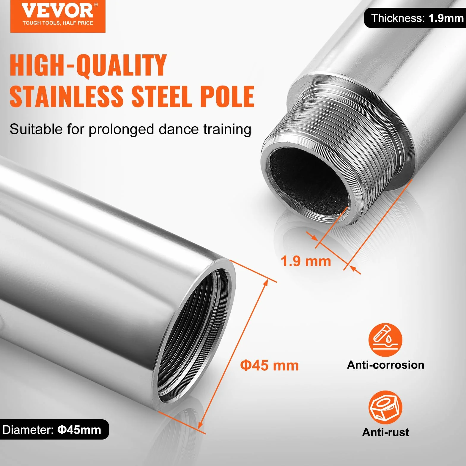 VEVOR Barra Asta da Ballo Professionale, Asta Danza Verticale Rimovibile, Acciaio Inox 45 mm, Altezza Regolabile