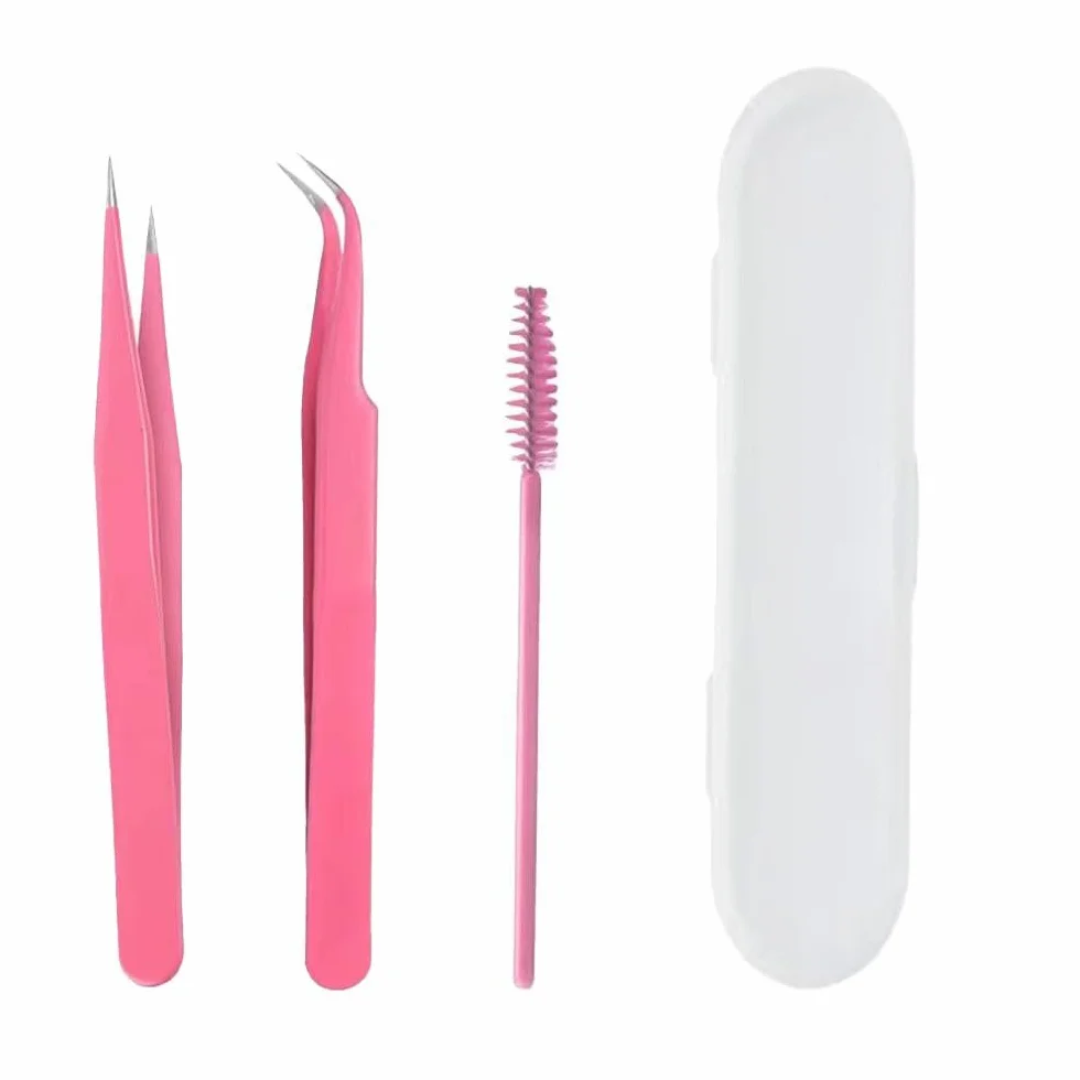 Pinzetta, 2 Pinzetta Extension Ciglia e 1 Pennello Ciglia, Kit Pinzetta per Ciglia, Pinzette Diritto e Curvo Tip Pinzette, Professionale Pinzette in Acciaio Inox, per Estensioni Ciglia, DIY